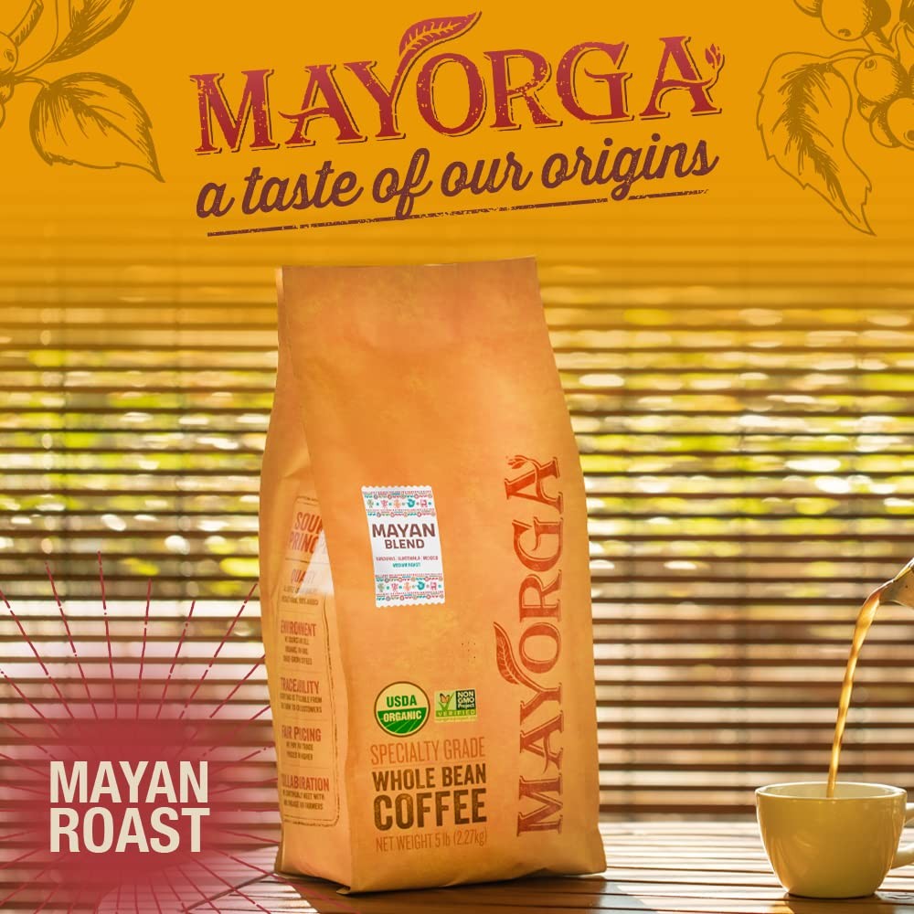Mayorga Medium Roast Whole Bean Coffee, 5 lb bag – Mayan Blend Coffee Roast – Sm