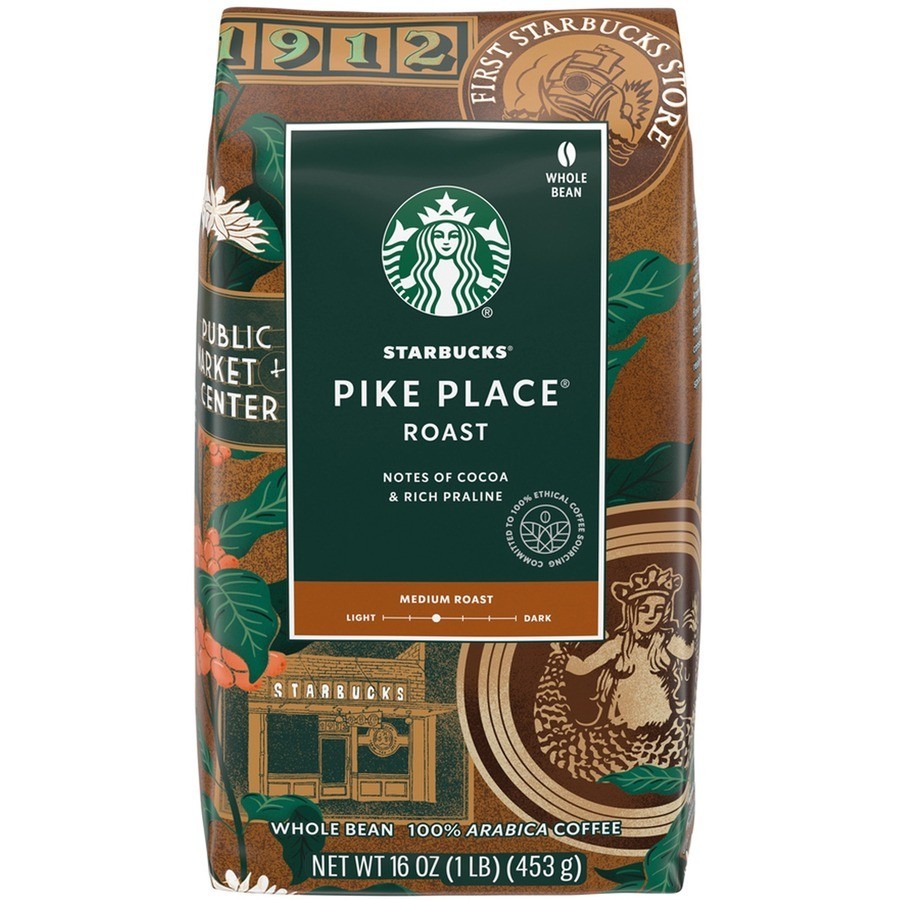 Starbucks Pike Place Medium Roast Whole Bean Coffee 1lb (453g) Bag Cocoa Praline