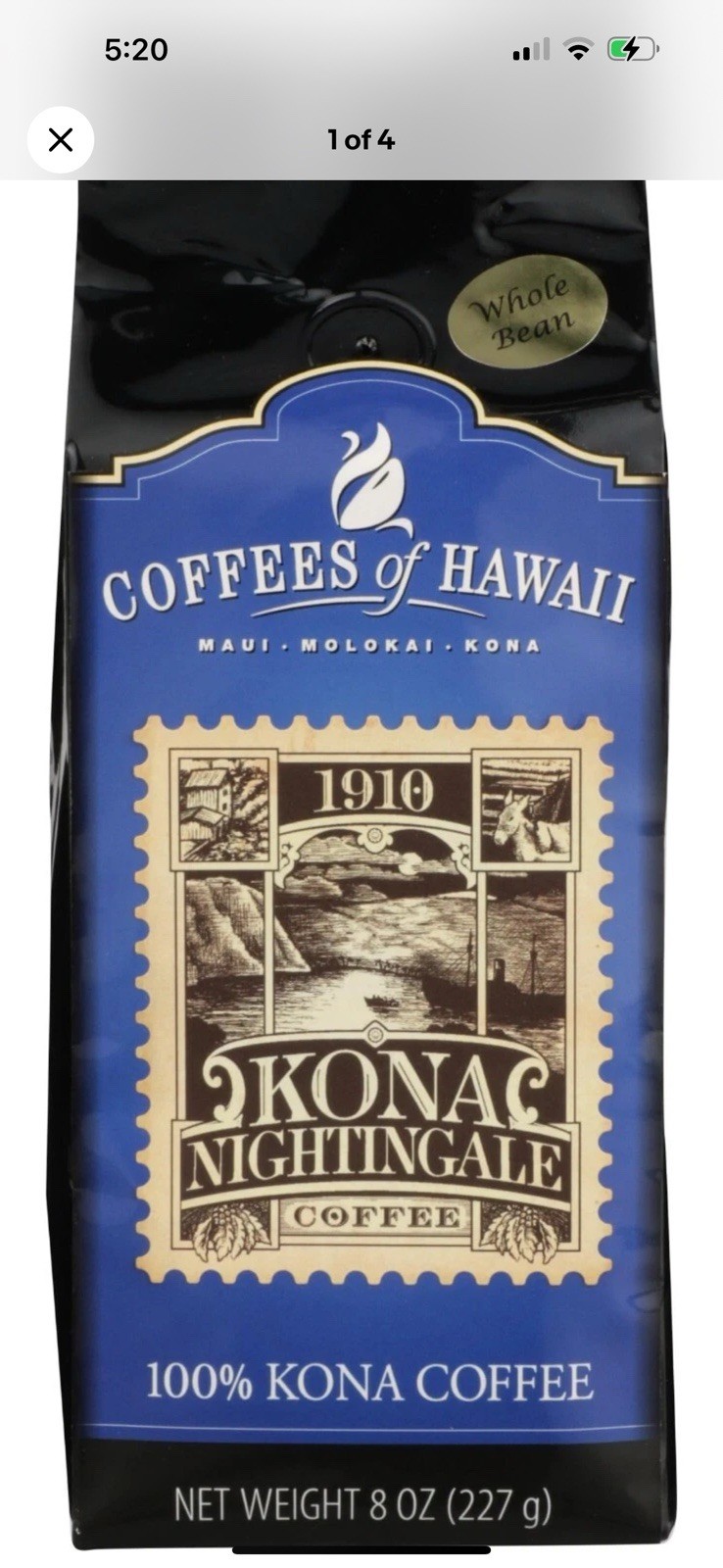 COFFEES OF HAWAII Kona Nightingale Whole Bean Coffee, 8 OZ (0.5 Lb)