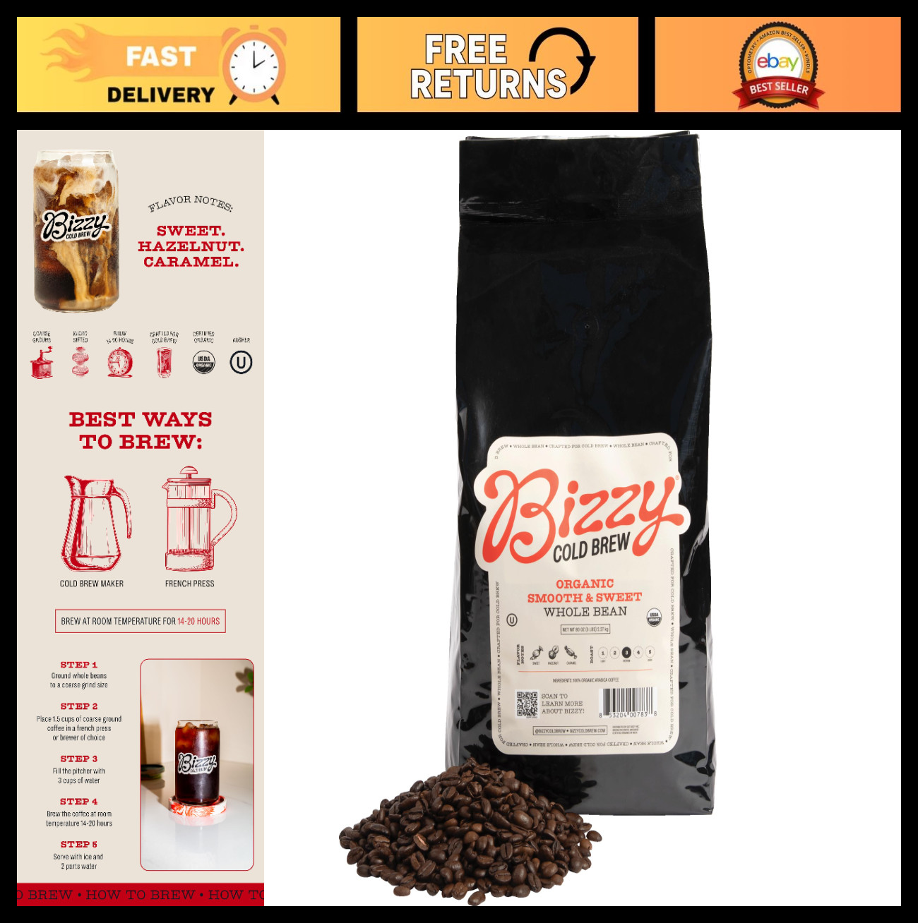 Organic Cold Brew Coffee Whole Bean, Smooth & Sweet Blend, Medium Roast, 5 LB