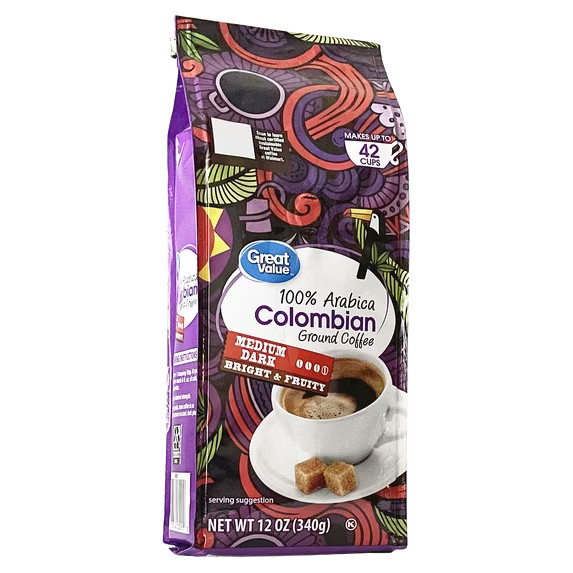 Great Value 100% Arabica Colombian Medium-Dark Roast Ground Coffee, 12 oz, Bag
