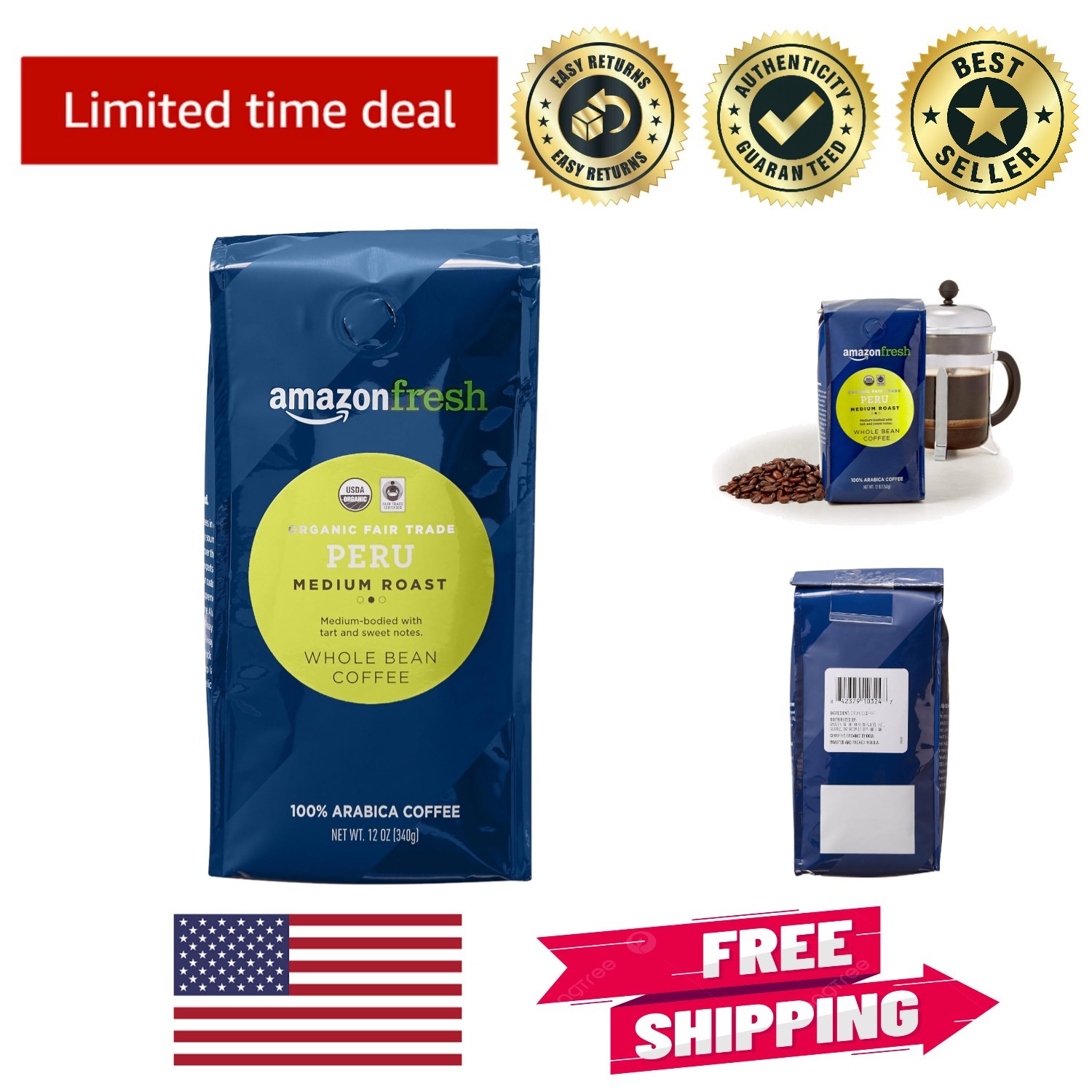 Organic Fair Trade Peru Whole Bean Coffee – 12 Oz Medium Roast Delight