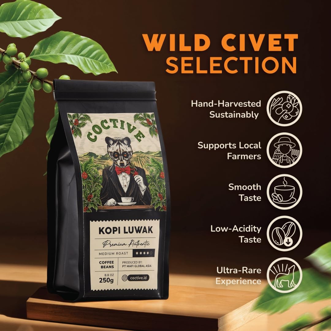 Kopi Luwak Civet Coffee Beans Wild Harvest Gayo Sumatra Indonesia 8.8 Oz