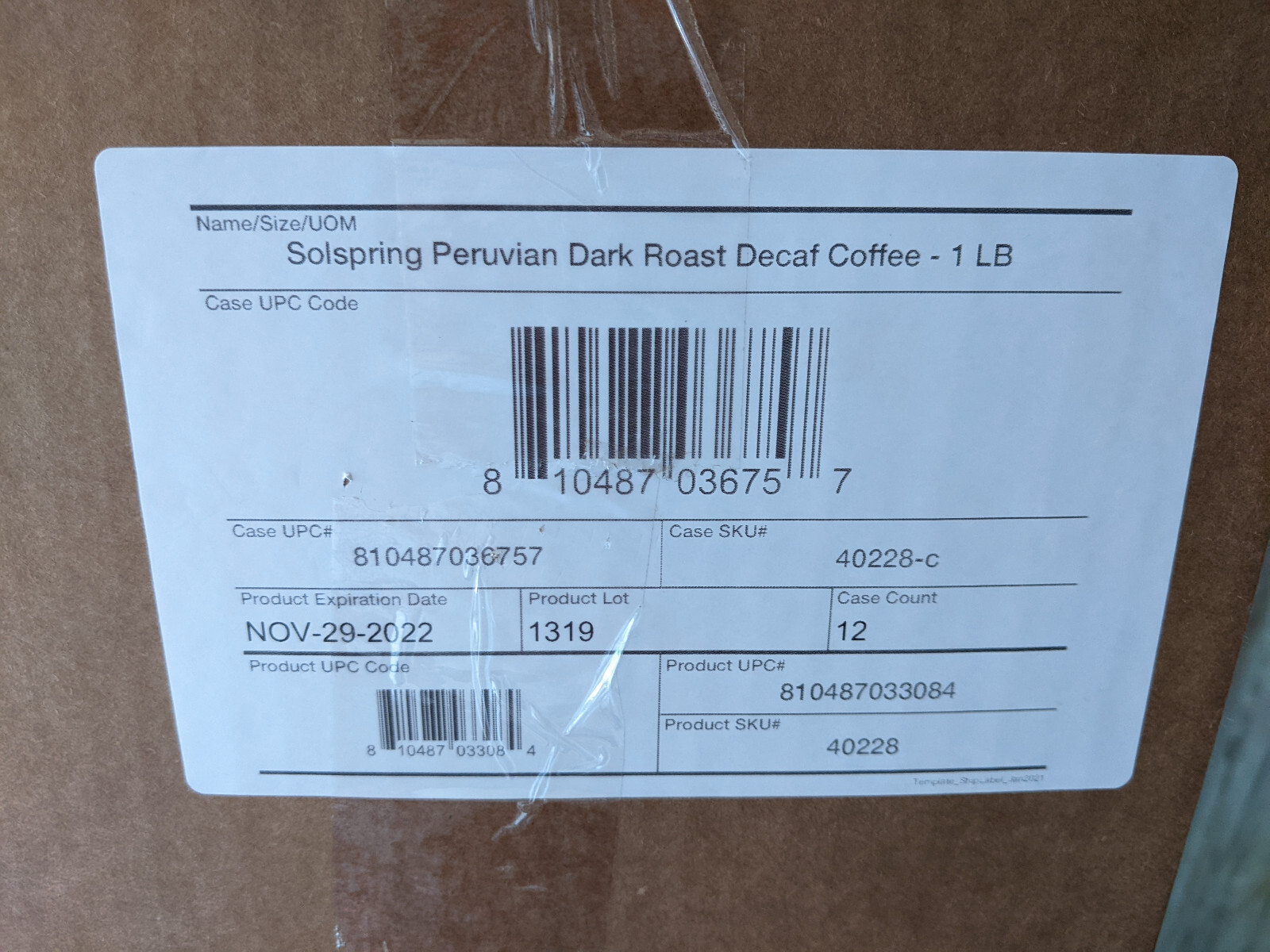 Solspring Organic Peruvian Dark Roast Coffee, 16 oz Decaf Whole Bean Qty 12