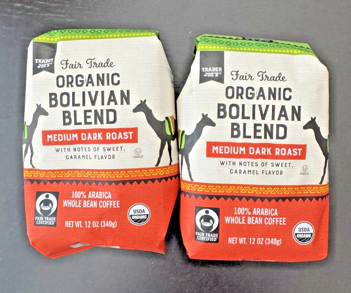 2 Packs Trader Joe’s Organic Fair Trade Bolivian Blend Bean Coffee 12 oz Each