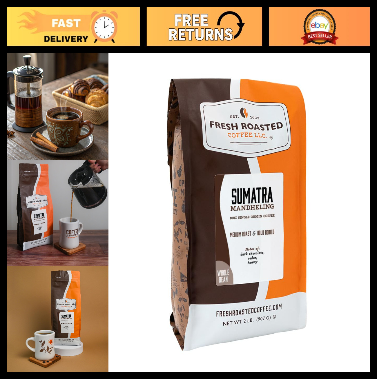 Fresh Roasted 100% Sumatra Mandheling Whole Bean Coffee, Medium Roast, Kosher, 2