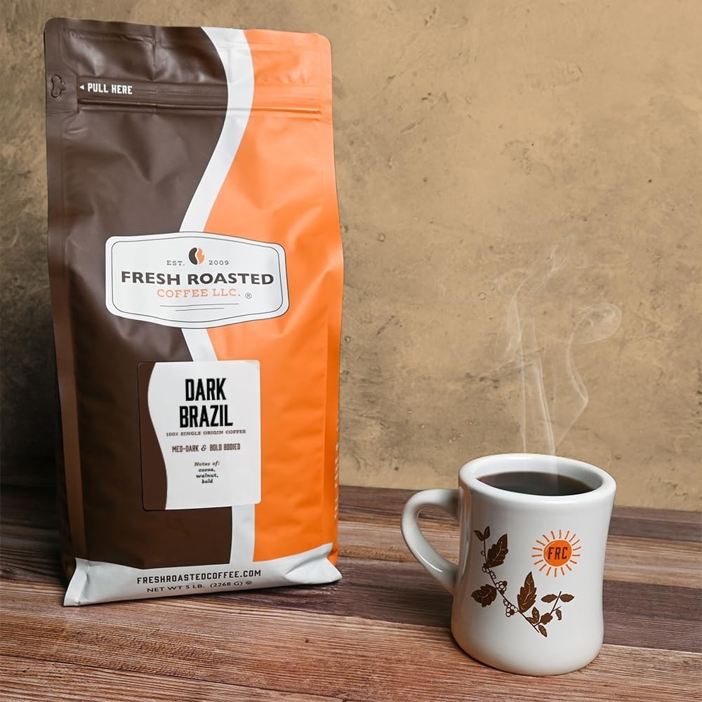 Whole Bean Coffee: 5lb Dark Brazil Med-Dark Roast, Kosher, Cerrado Arabica