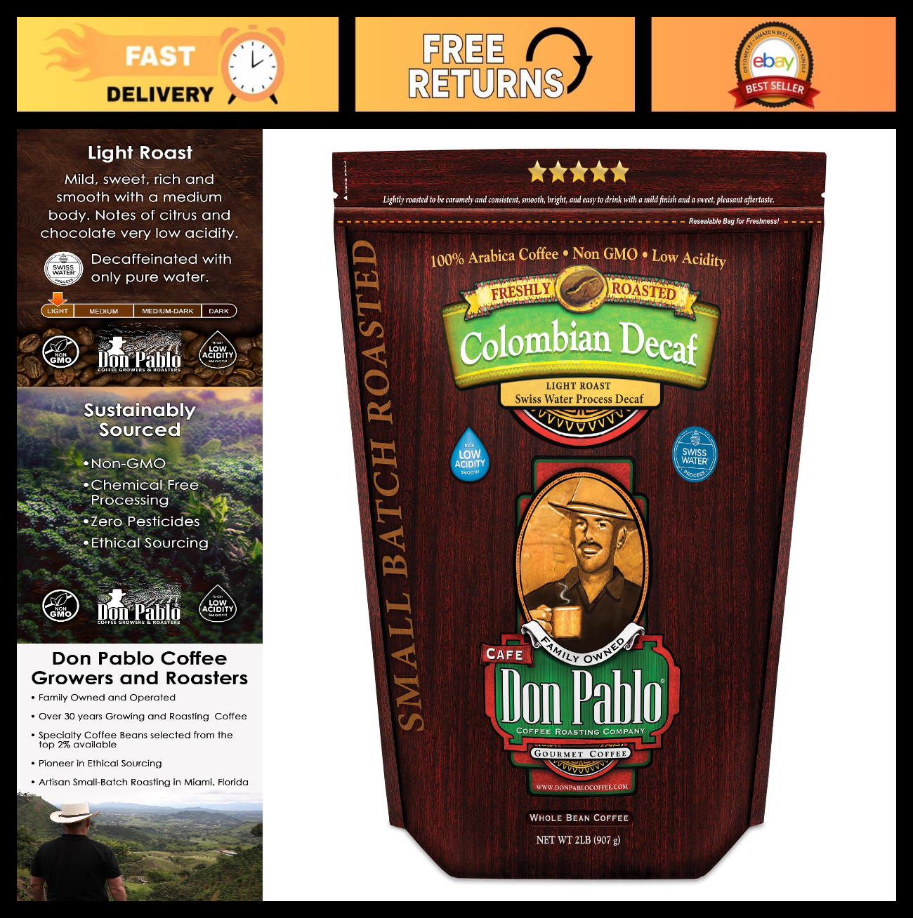 Decaf Colombian Coffee – Swiss Water Process, Light Roast, 100% Arabica, Low Aci