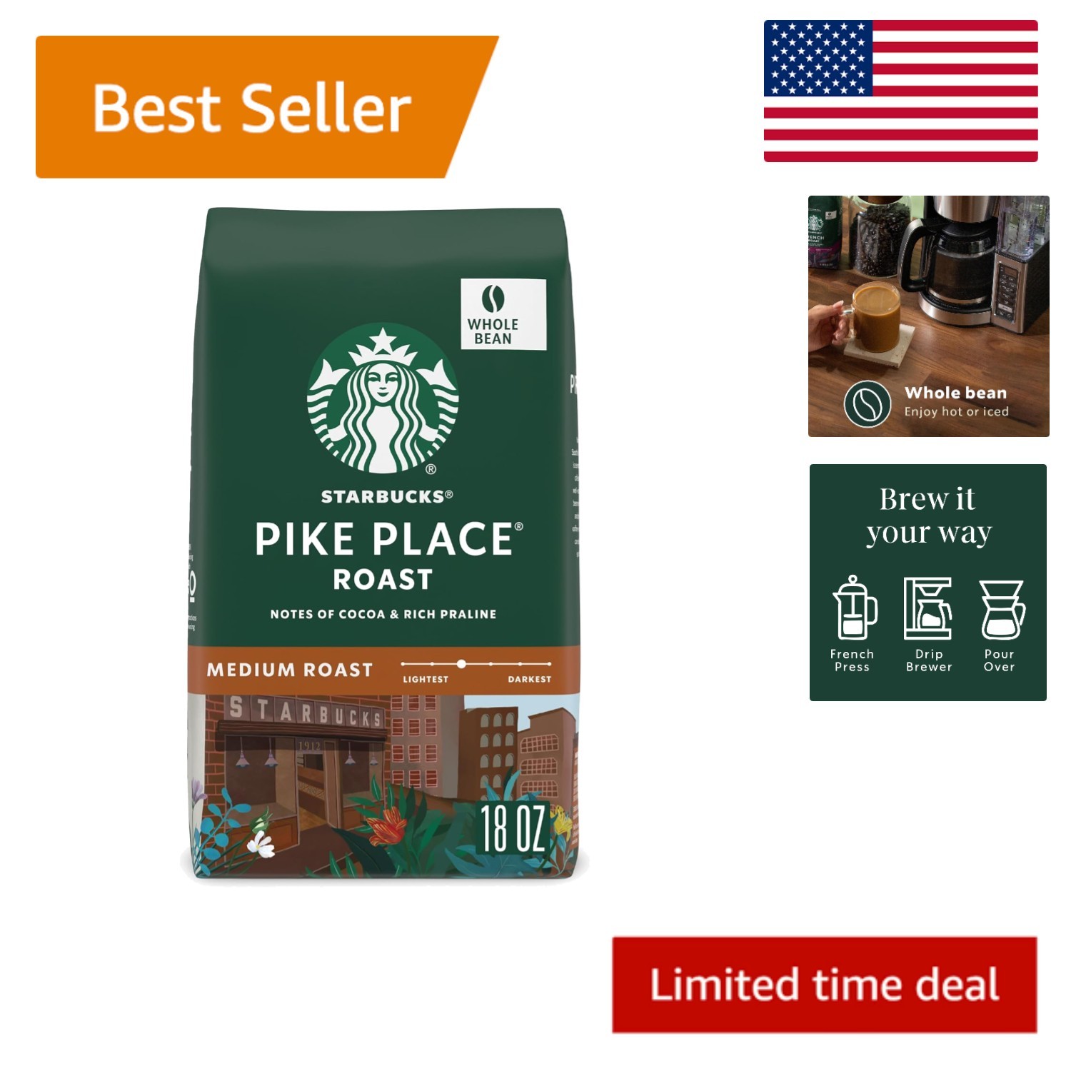 Gourmet Starbucks Pike Place Roast Whole Bean Coffee (18 oz) – Ethical Sourcing