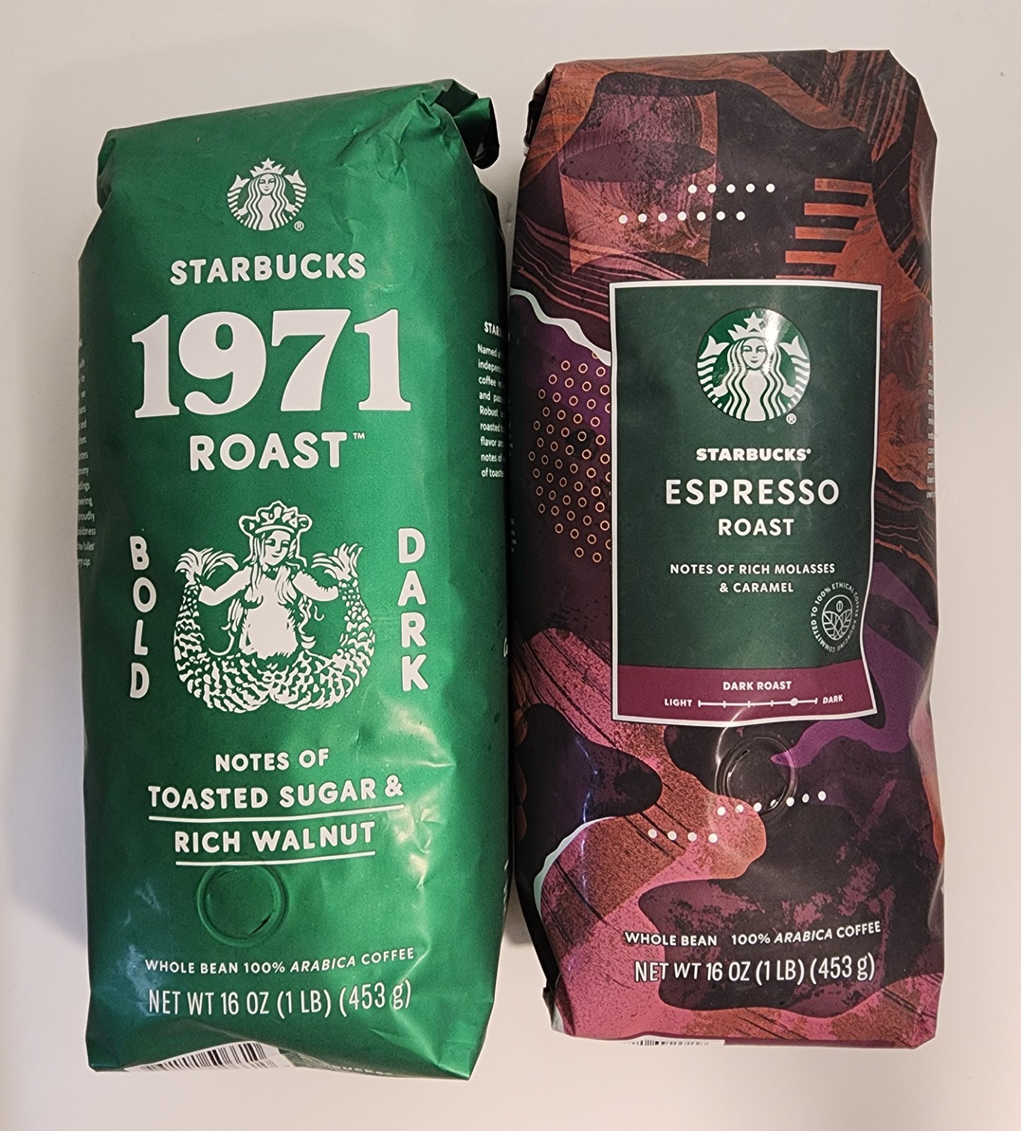 Starbucks 1971 & Espresso Dark Roast Whole Bean 2-16oz. Bags Sealed