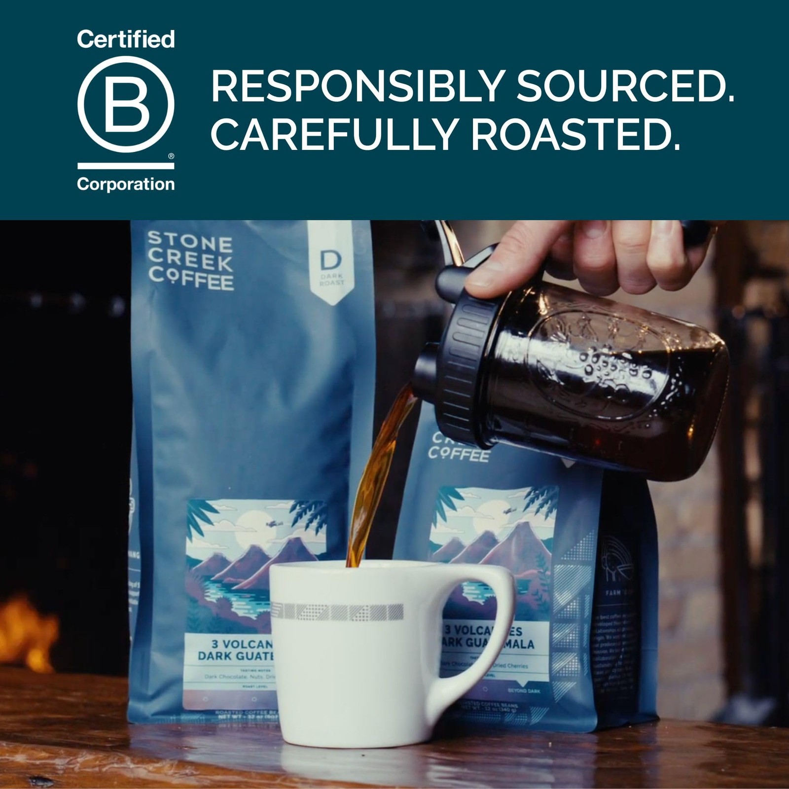 12 Oz 3 Volcanoes Dark Guatemala Roast Whole Bean Coffee Dark Chocolate