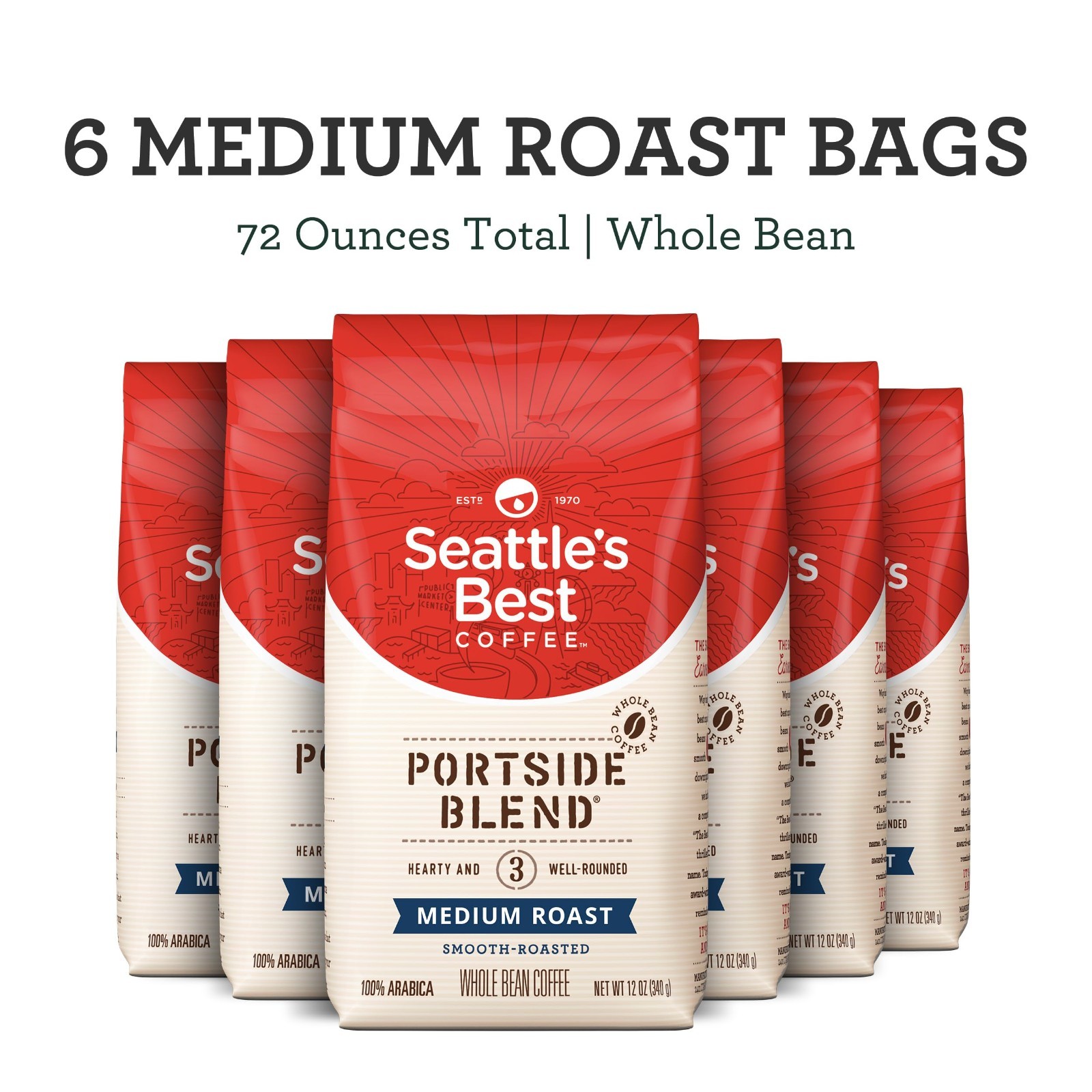 Medium Roast Whole Bean Coffee – Portside Blend, 12oz Bags (Pack of 6)