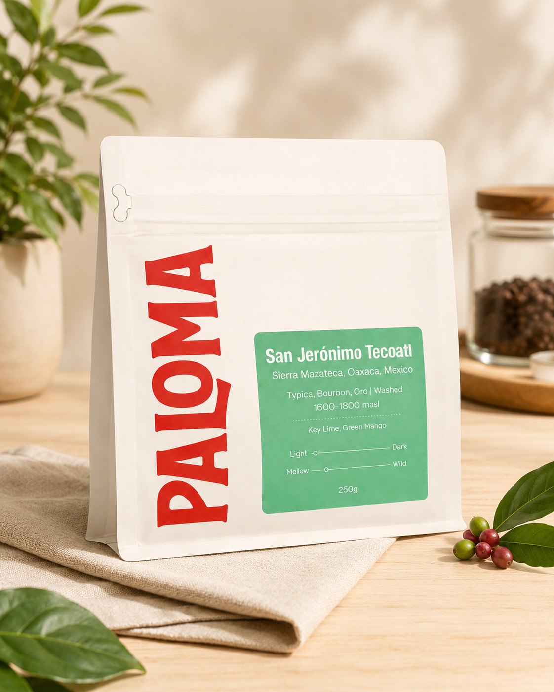 Paloma San Jeronimo Tecoatl Coffee Mexico Light Roast Key Lime Mango 8 oz