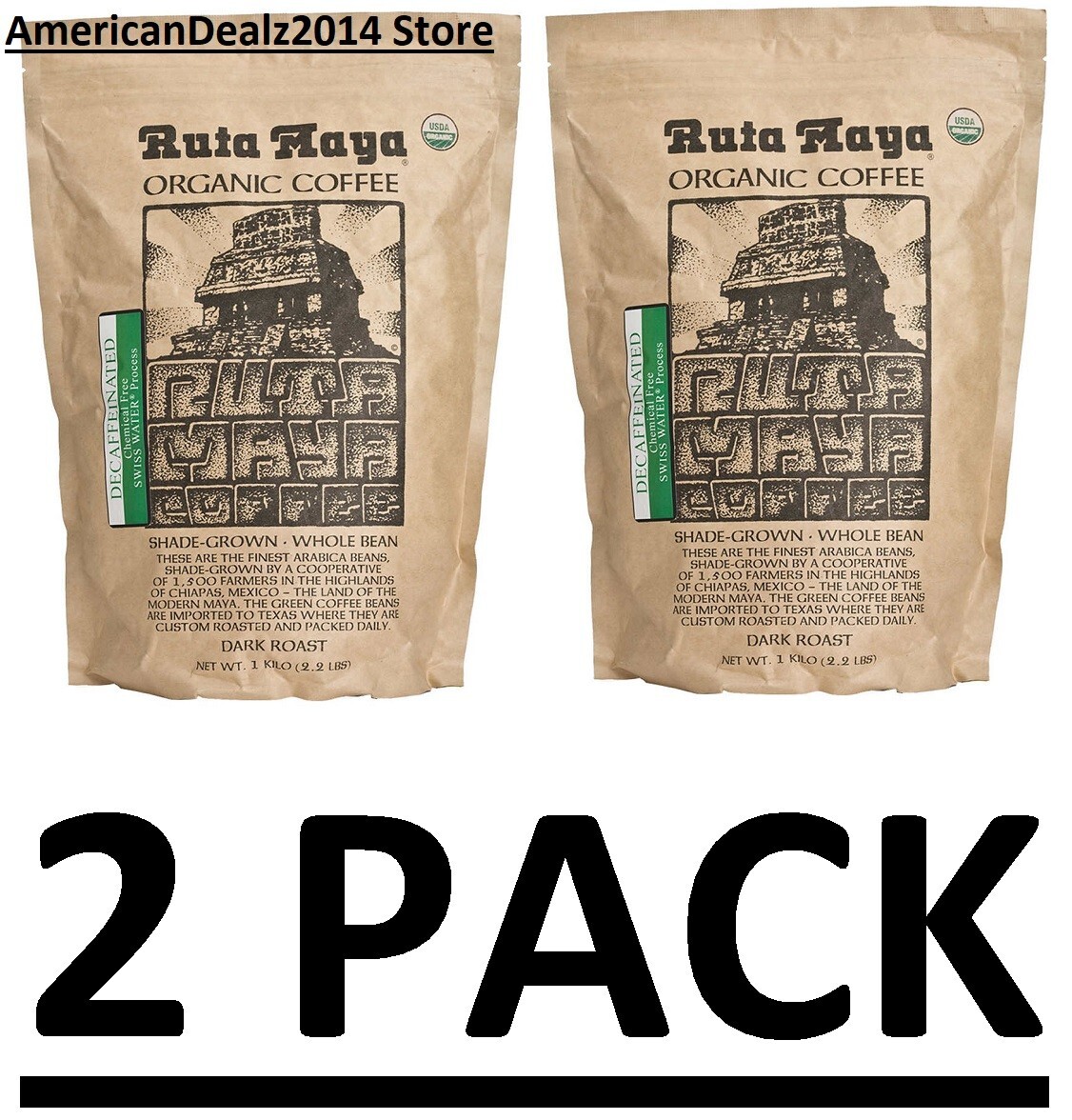 2 PACK – Ruta Maya Decaffeinated Organic Coffee Whole Bean 2.2 lb (Total 4.4 lb)