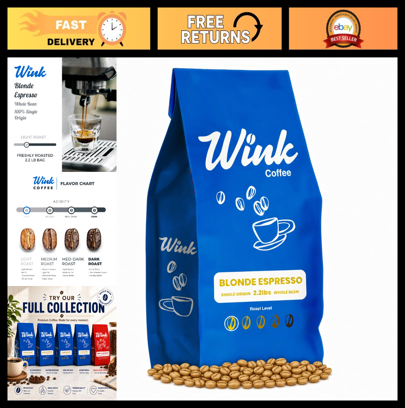 Light Roast Whole Bean Coffee, 2.2 lb, 100% Arabica, Gourmet Espresso, Smooth &