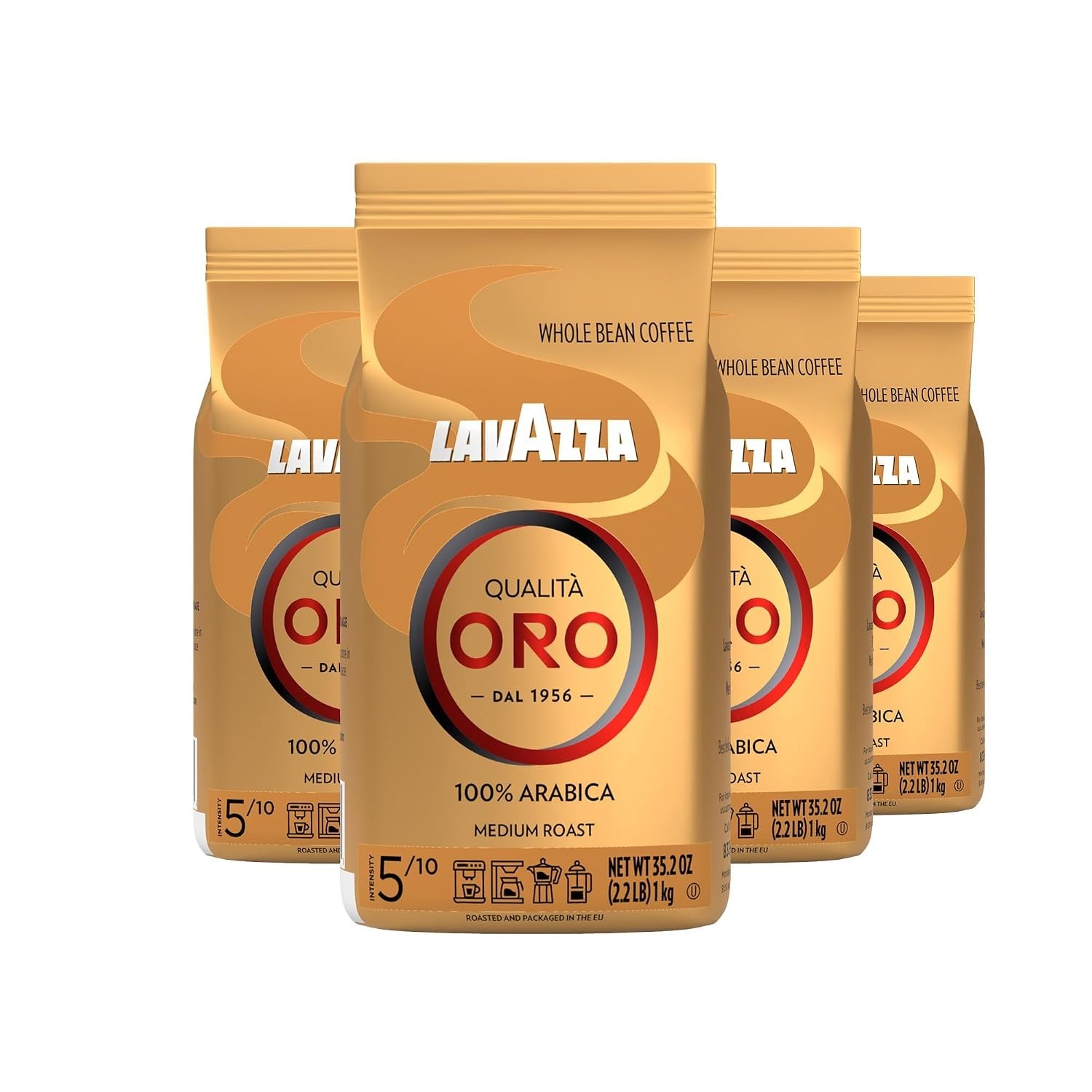 Lavazza Qualità Oro Whole Bean Coffee Blend, Medium Roast, 2.2-Pound Bag (4 ct)