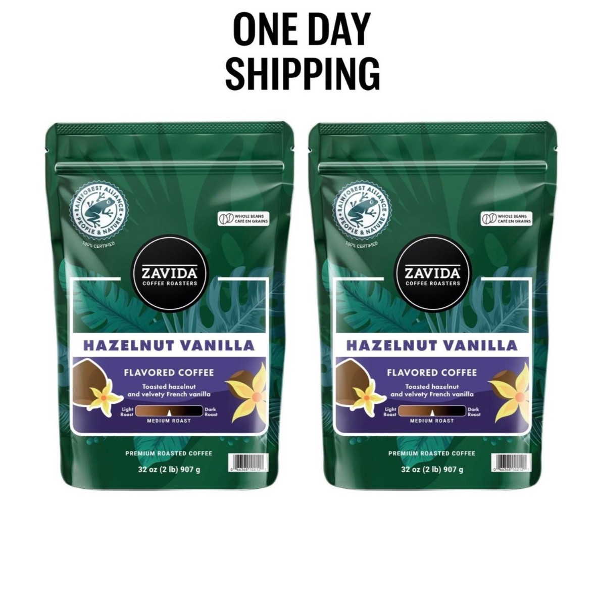 2 PACK – Zavida Coffee Whole Bean Coffee Hazelnut Vanilla 32 oz (Total 64 oz)