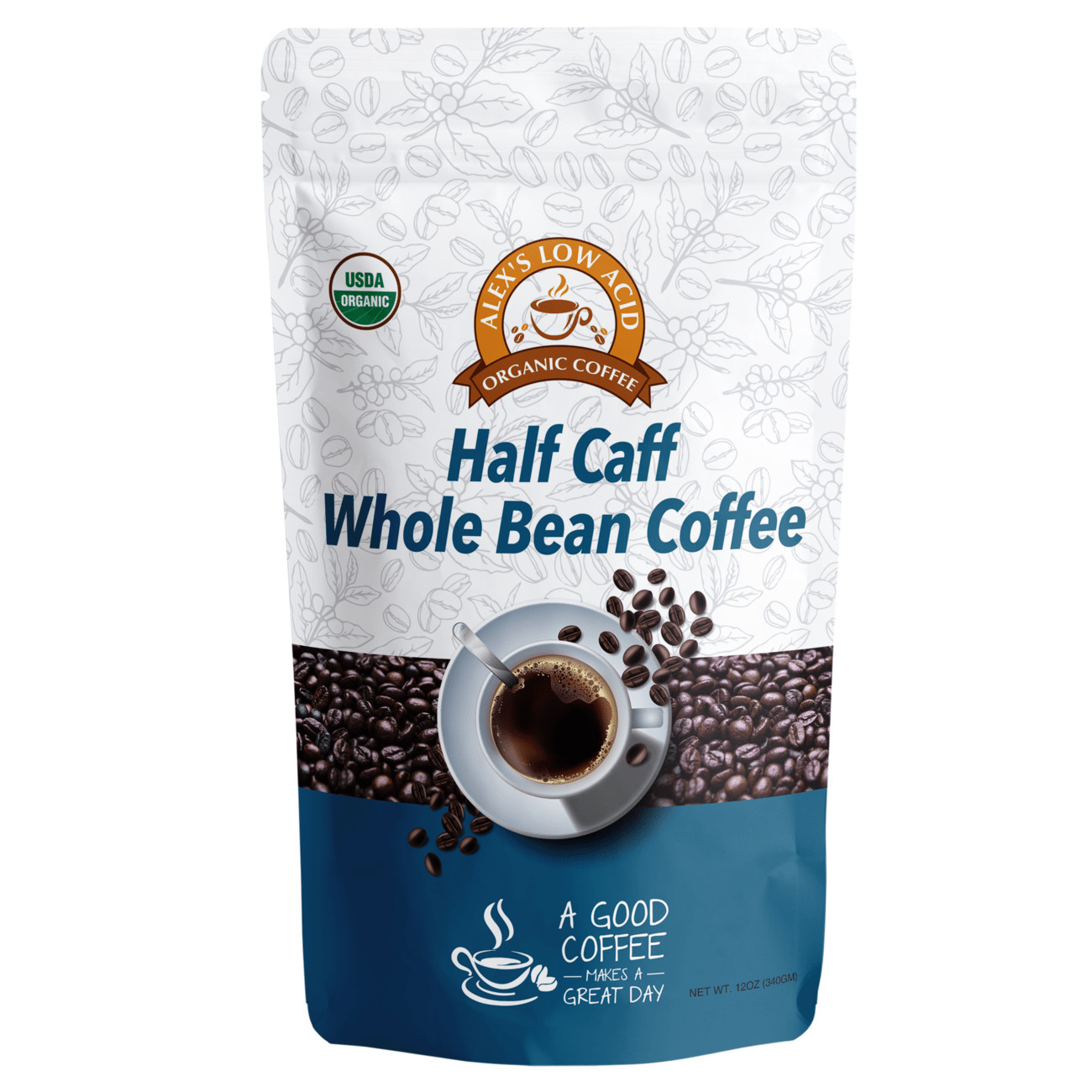 Alex’s Low Acid Organic Coffee – Half Caff Whole Bean (12oz)
