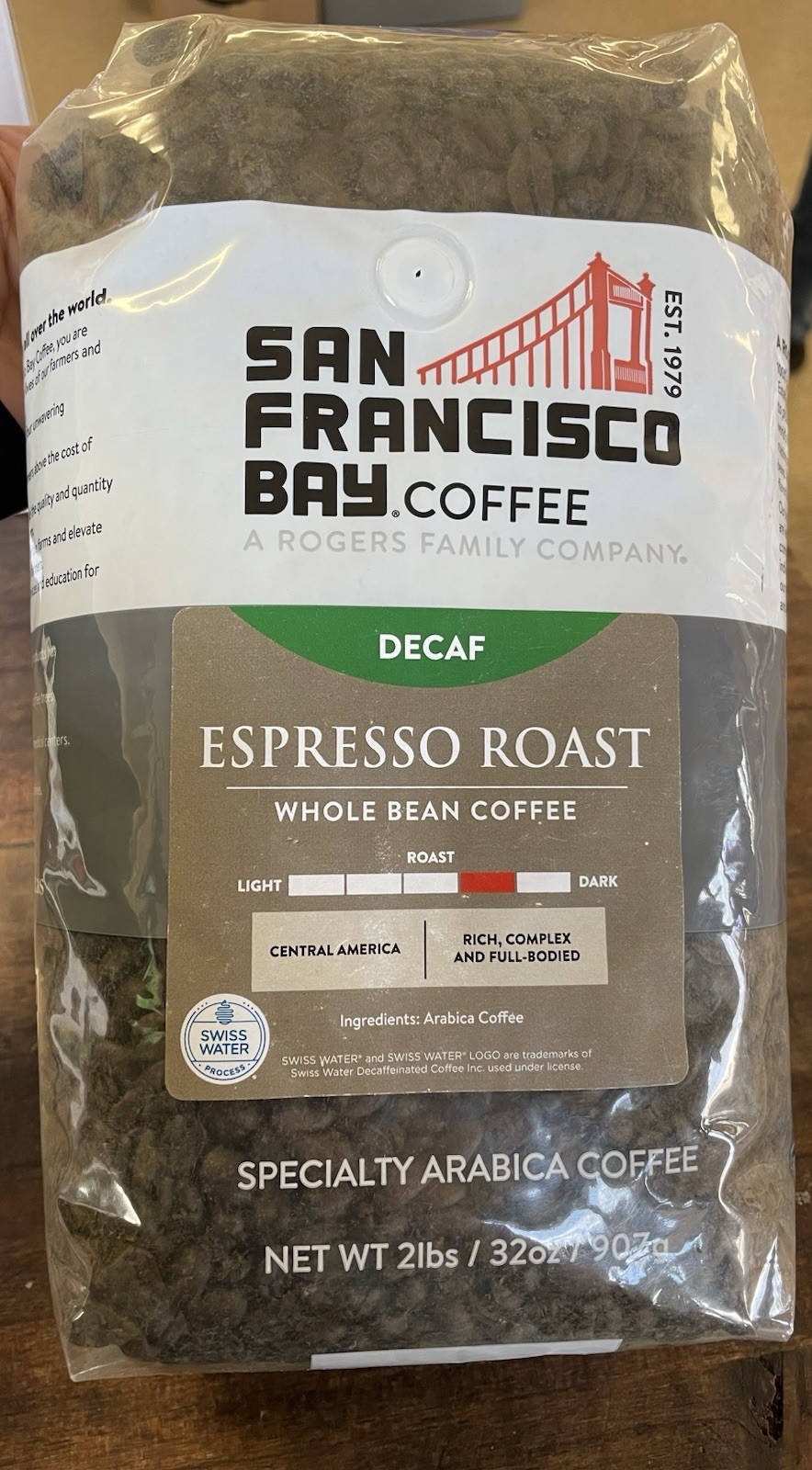 San Francisco Bay Coffee Decaf Espresso Roast Whole Bean Swiss Water 907g