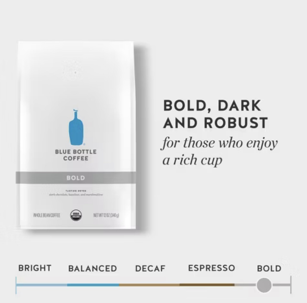 Blue Bottle Whole Bean Organic Coffee, Bold, Dark Roast, 12 Ounce bag