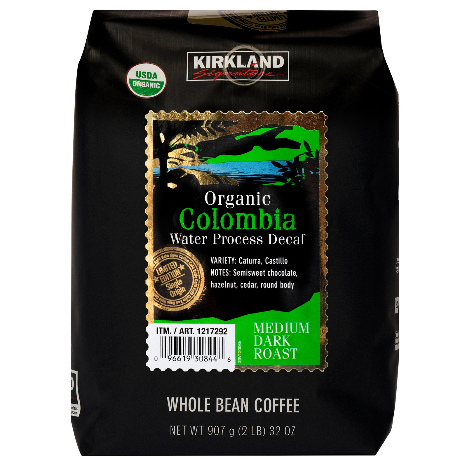Kirkland Signature Organic Colombian Decaf Whole Bean Coffee, 2 Lbs, 2 PACK!