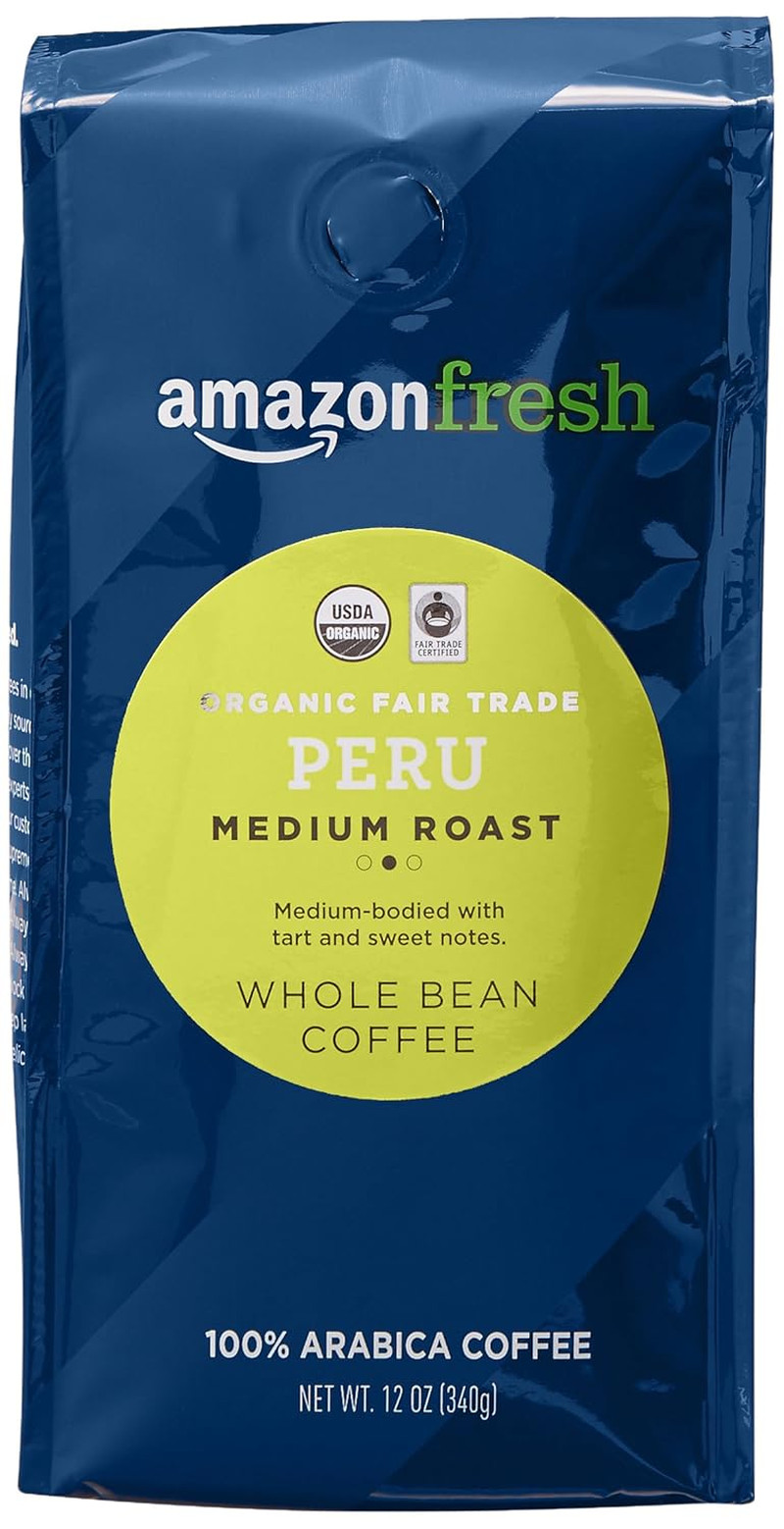 , Organic Fair Trade Peru Whole Bean Coffee, Medium Roast, 12 Oz