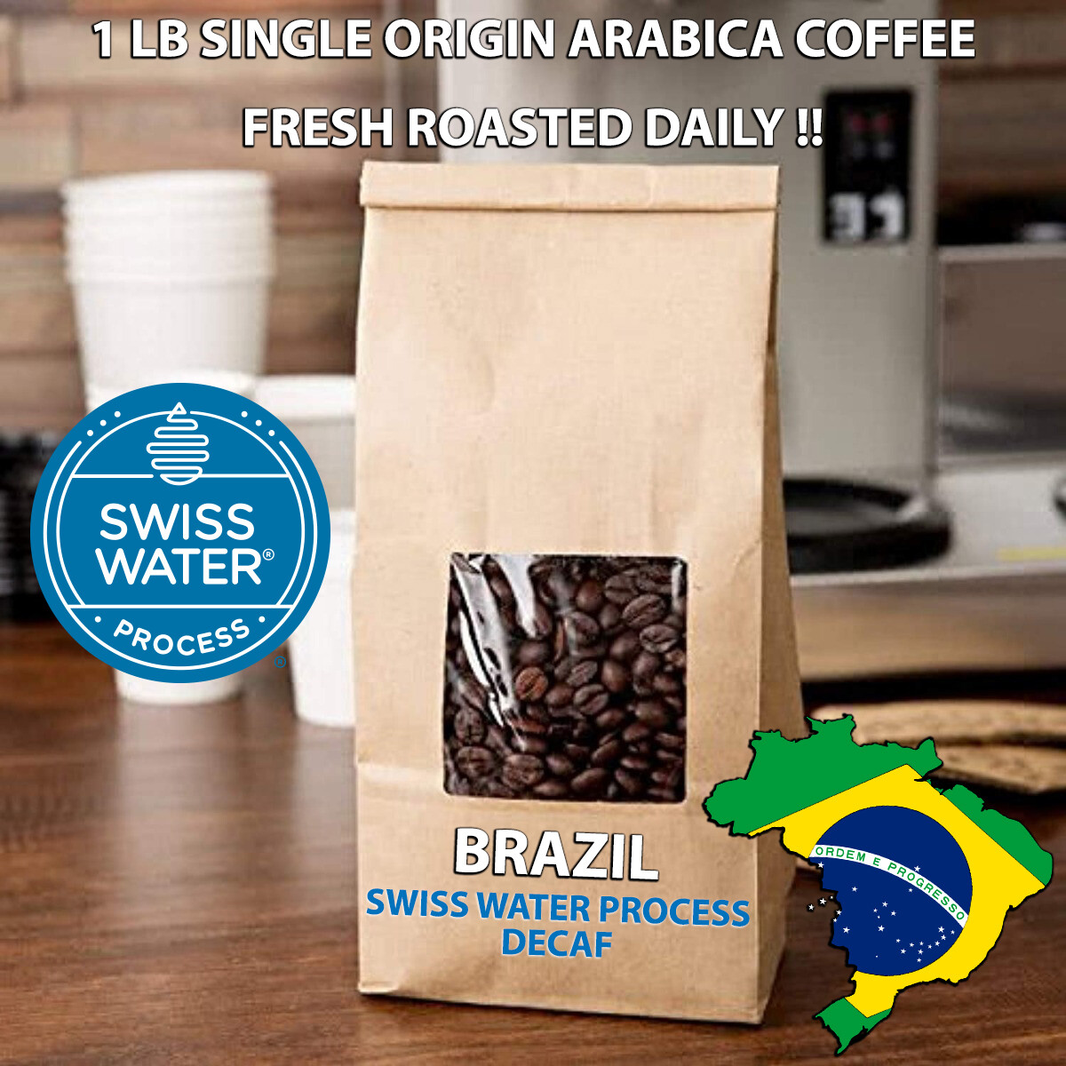 1 LB BRAZIL SWP SWISS WATER PROCESS DECAF COFFEE ROASTED WHOLE BEAN, GROUND