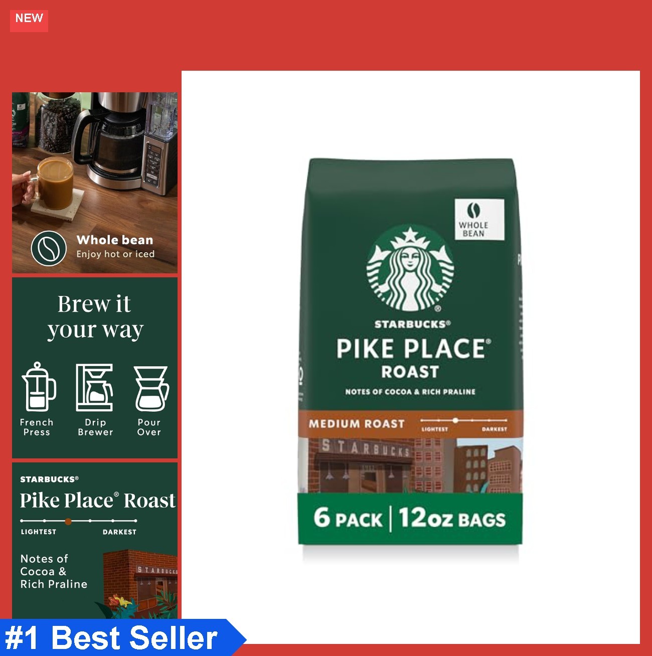 Whole Bean Coffee Medium Roast Pike Place Roast 6 Bags 12 Oz Each Hot Iced Brew