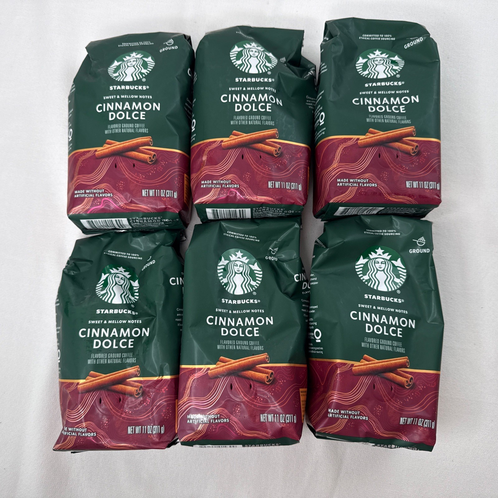 6 Bags (11 Oz Each) Starbucks Cinnamon Dolce Natural Flavored Ground Coffee