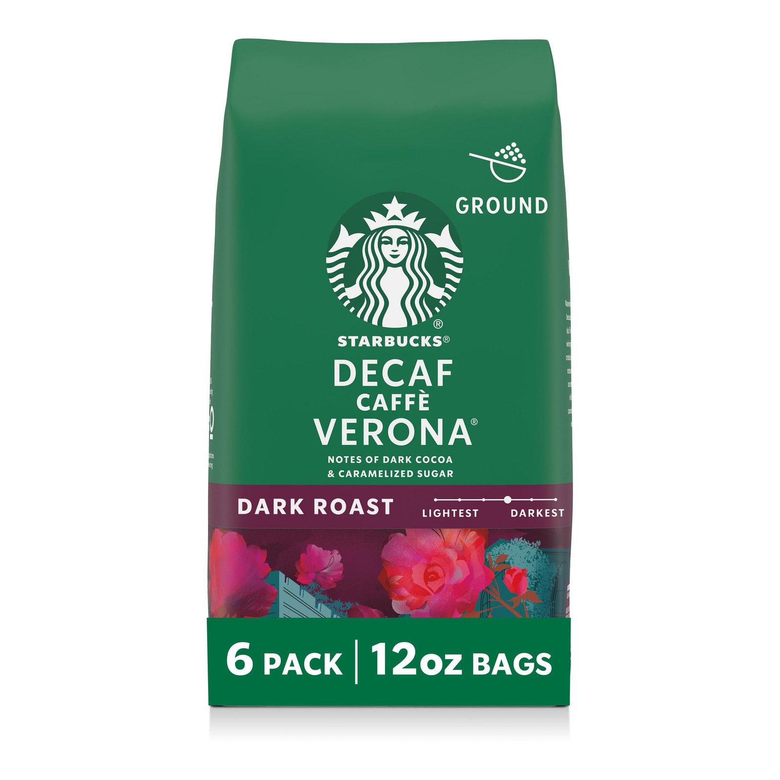 Starbucks Ground Coffee, Dark Roast 12 Ounce (Pack of 6), Decaf Caffe Verona