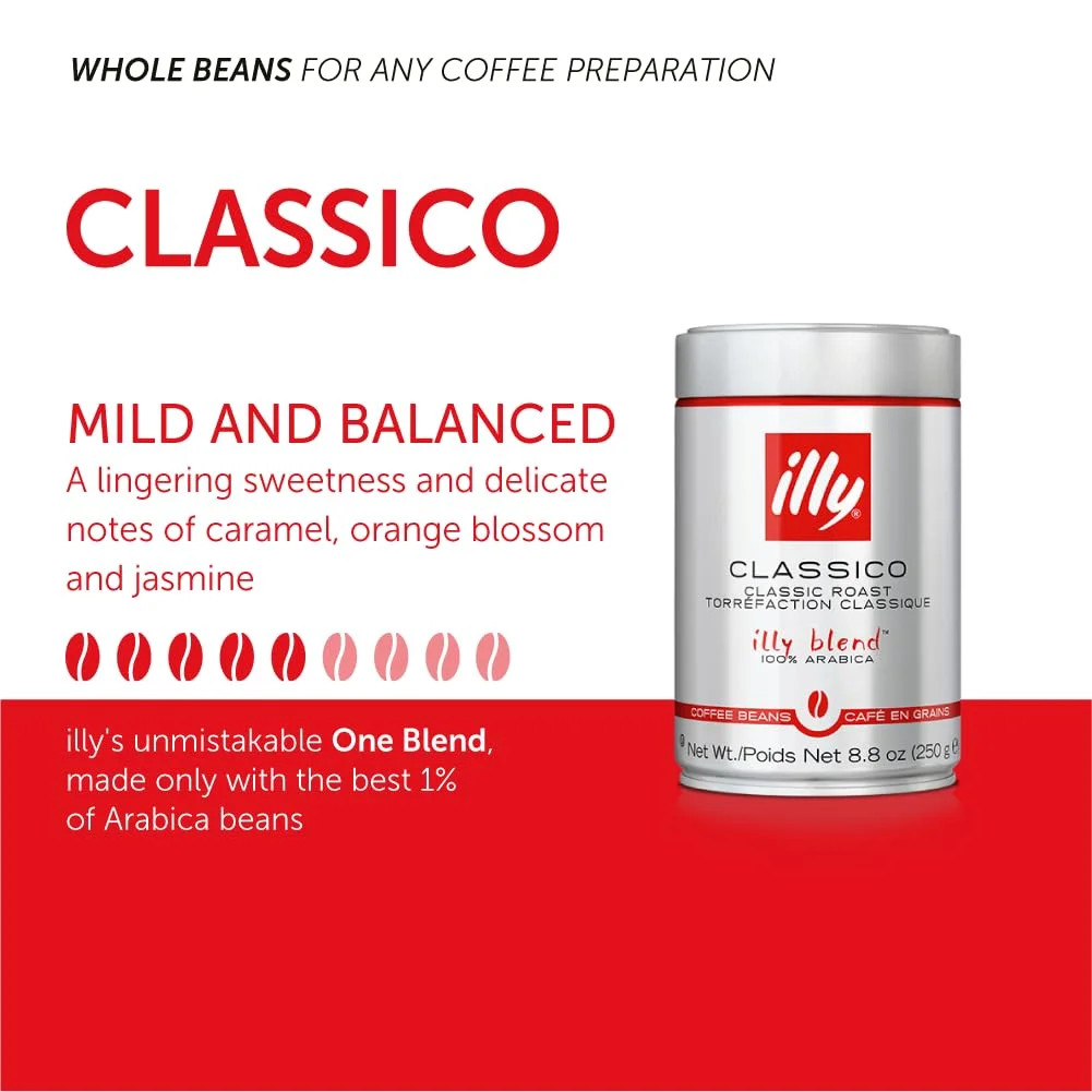 illy Whole Bean Coffee, Classico Medium Roast 100% Arabica 8.8 Oz 6 Pack