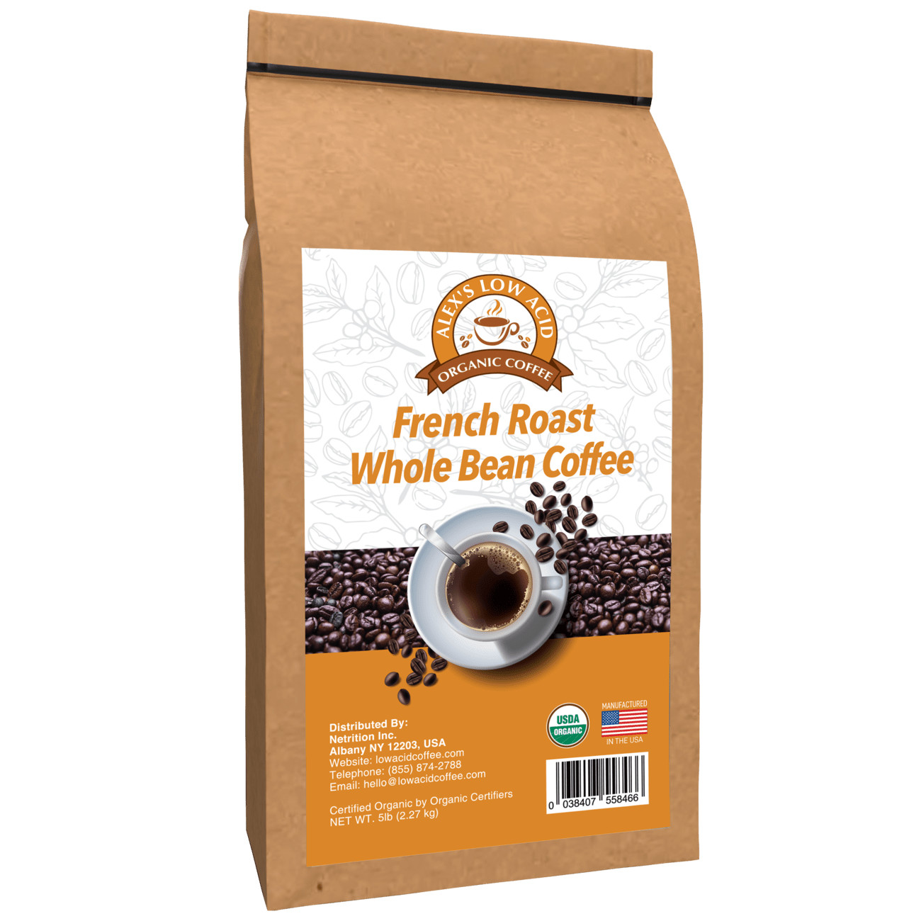 Alex’s Low Acid Organic Coffee – Whole Bean French Roast (5lbs)