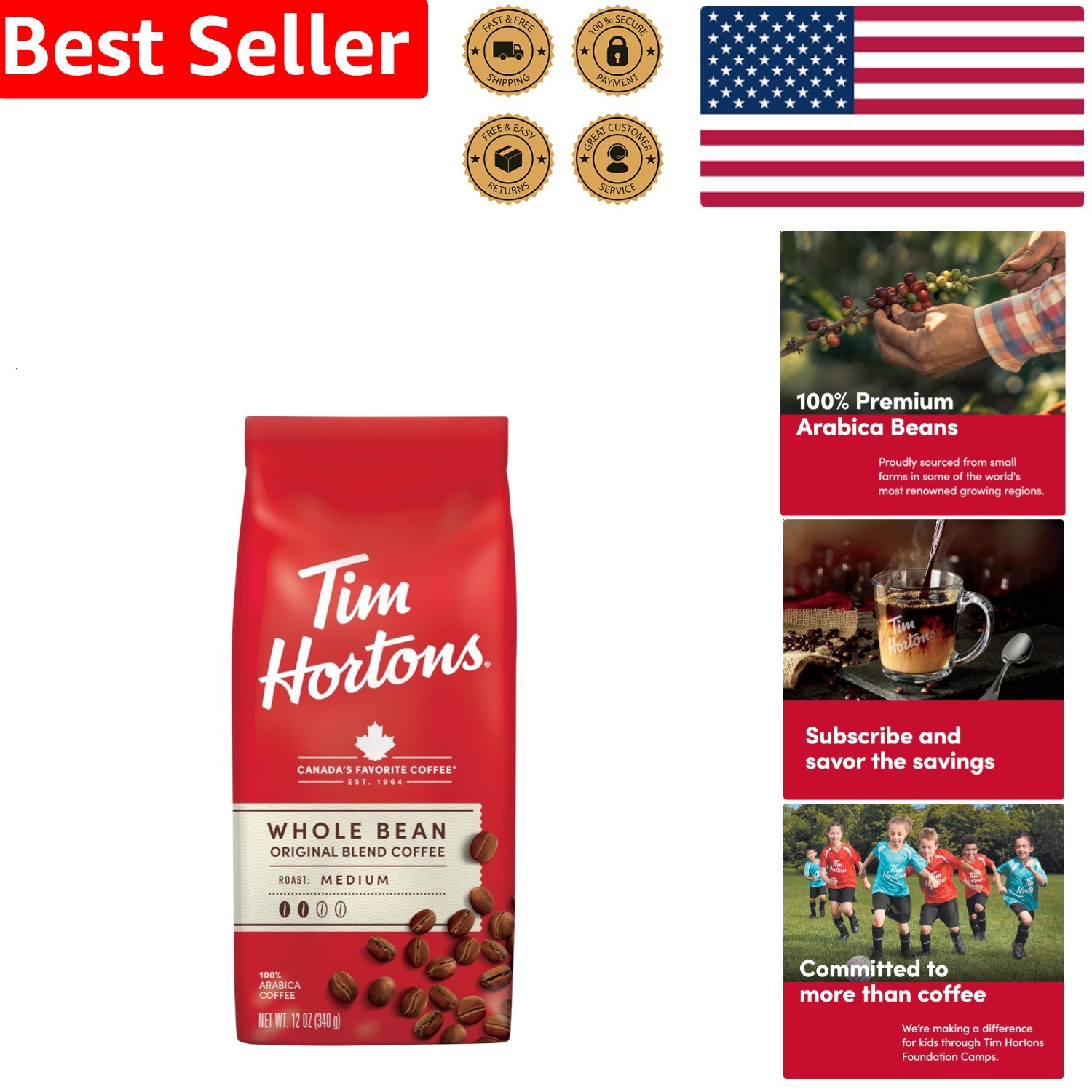 Whole Bean Coffee, 12oz Bag, Medium Roast, 100% Arabica,