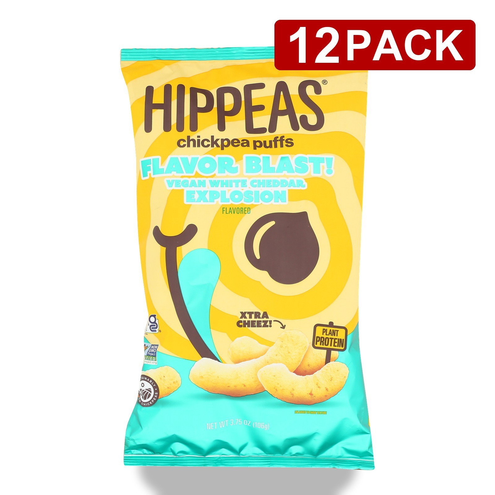 Hippeas Vegan White Cheddar Chickpea Puffs Flavor Blast Snack 3.75 Oz 12 Pack