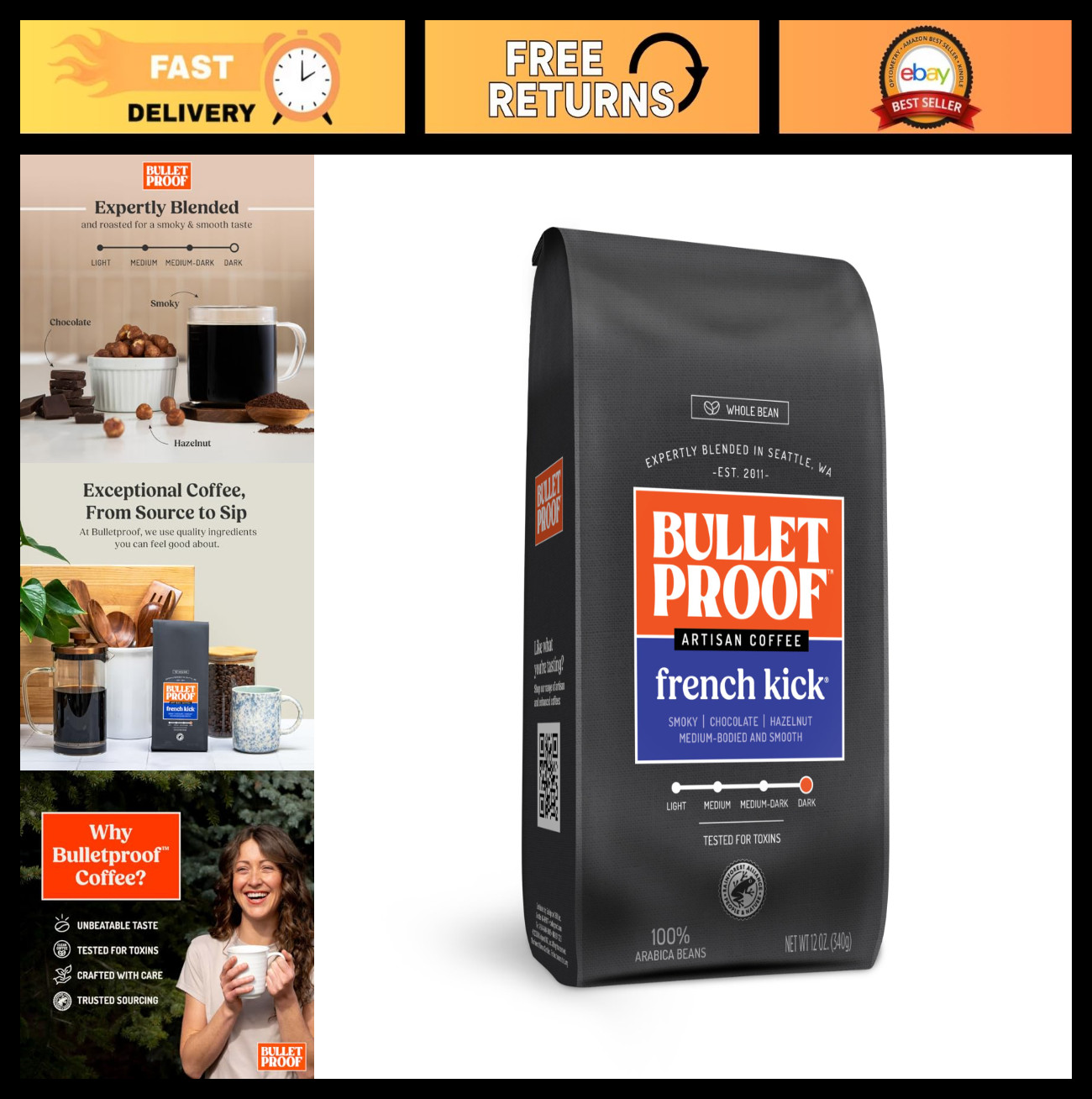 Dark Roast Whole Bean Coffee – 12oz, Clean & Toxin-Tested, Bold Flavor