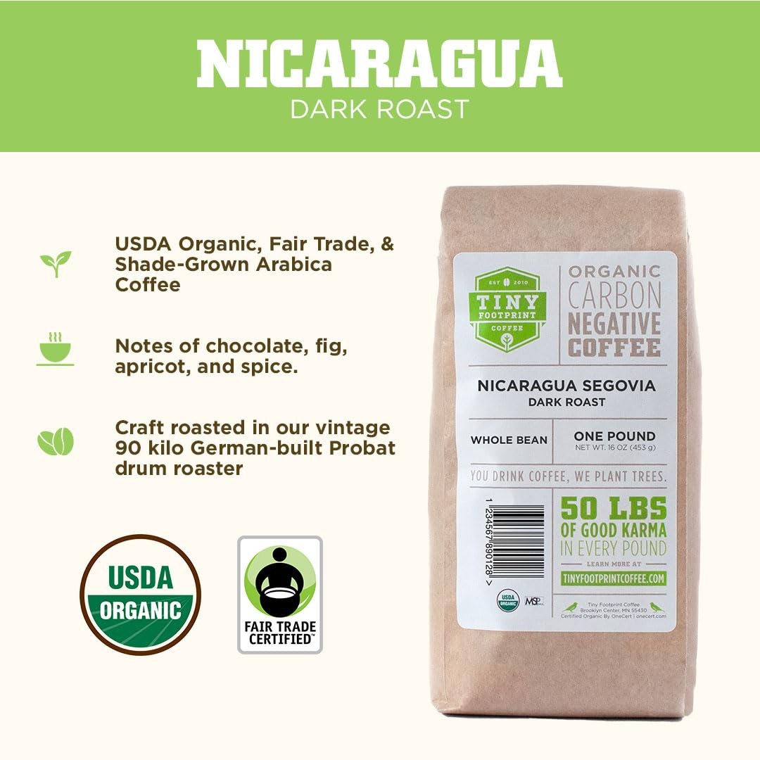 Fair Trade Organic Nicaragua Segovia Dark Roast Whole Bean Coffee USDA Organic