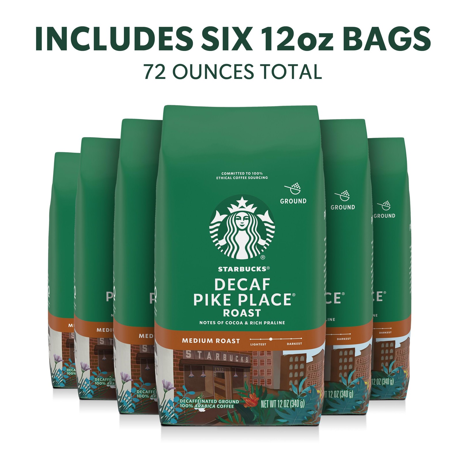 Starbucks Ground Coffee, Medium Roast 6 Pack (12 oz each), Decaf Pike Place