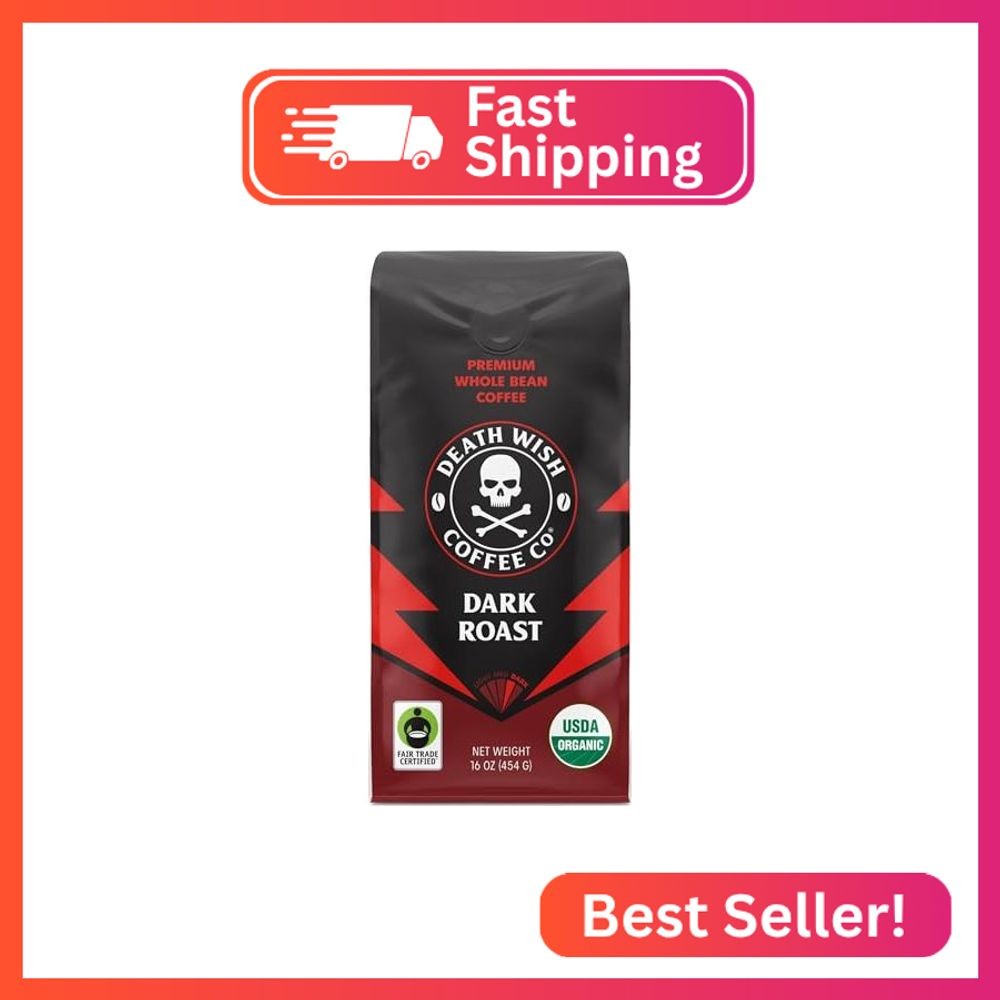 Death Wish Coffee, Organic and Fair Trade Dark Roast Whole Bean Coffee, 16 oz