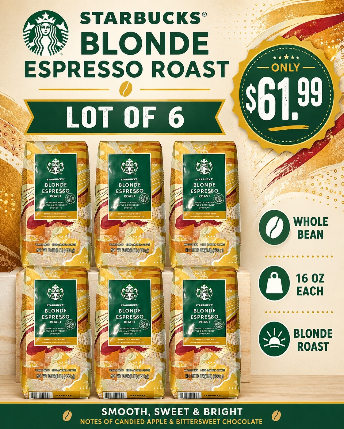 SIX Starbucks Blonde Espresso Whole Bean Coffee 1lb 16oz 453g Bag Light Roast