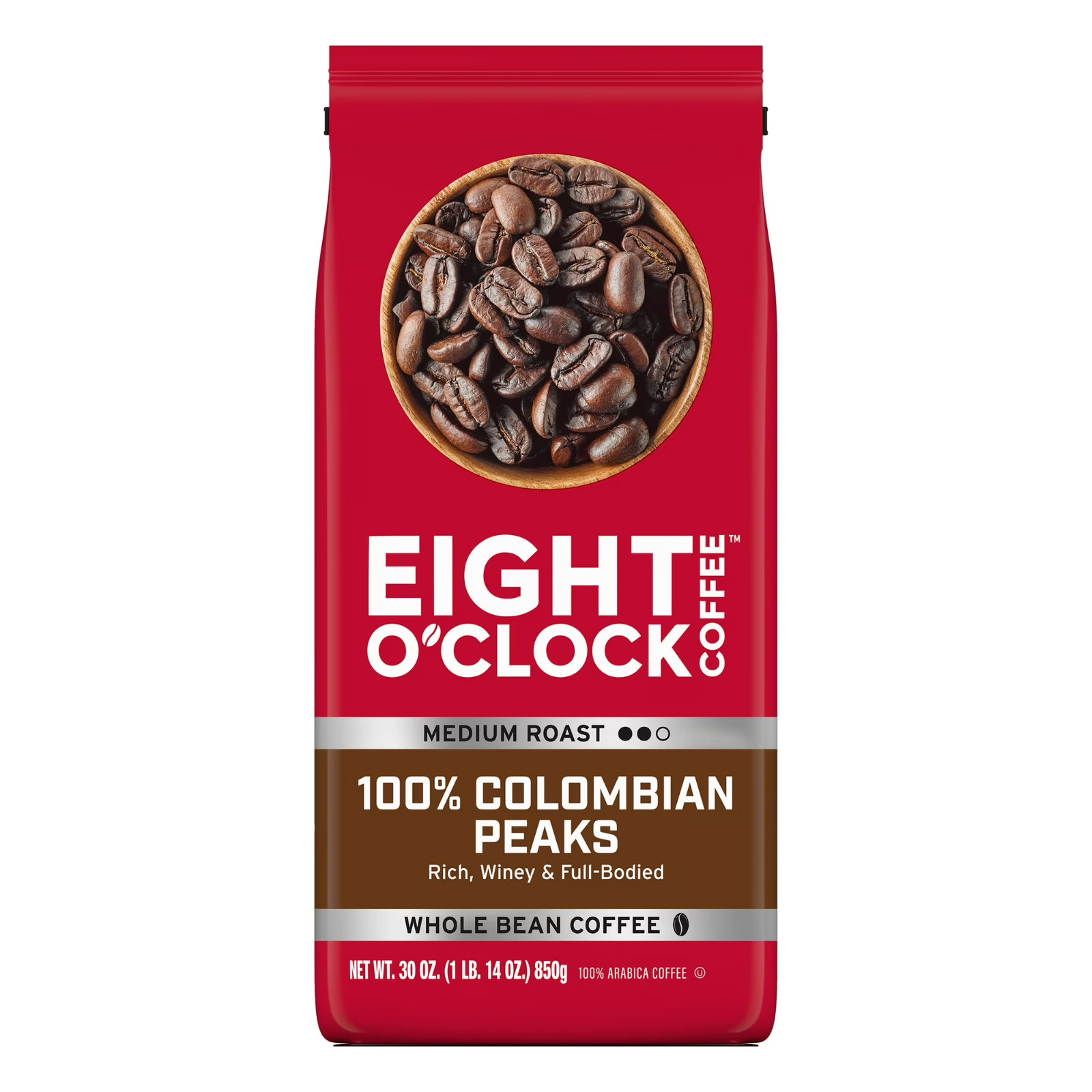 Eight O’Clock Coffee Medium Roast Whole Bean 100% Colombian Peaks Coffee 30 oz