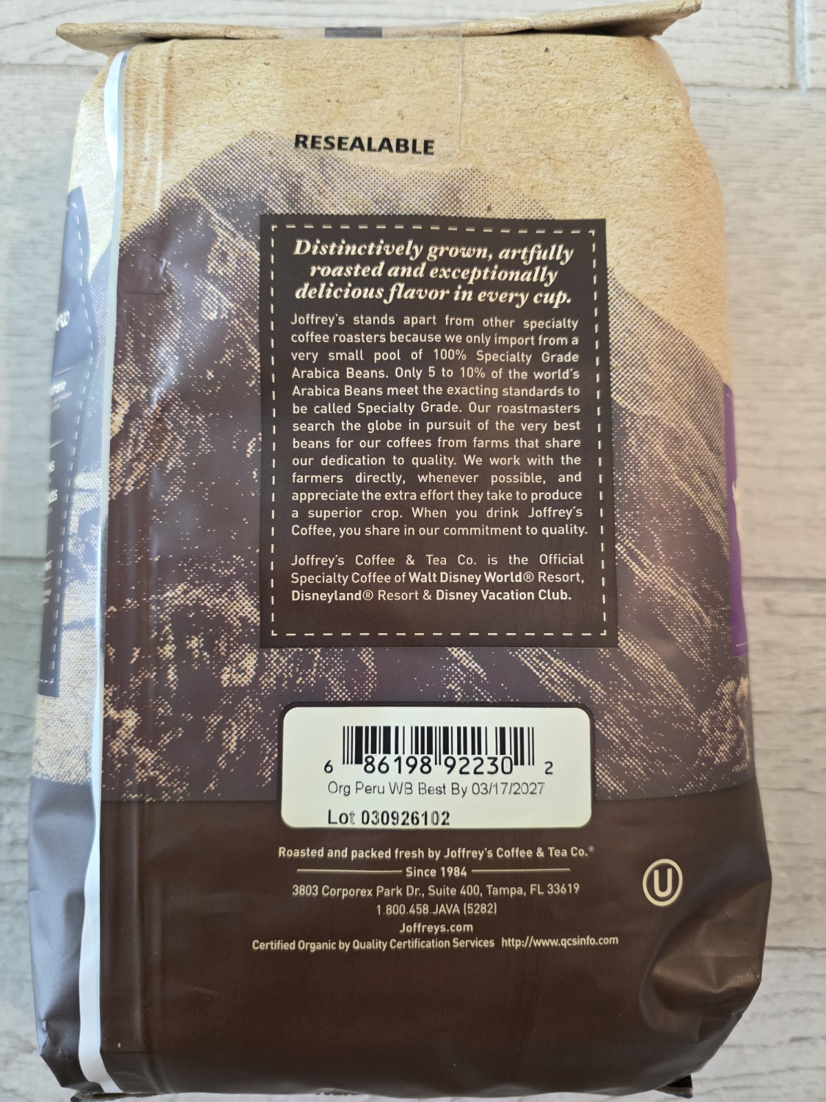 Joffrey’s Peru Cajamarca Organic Whole Bean Coffee Medium Roast 32 oz