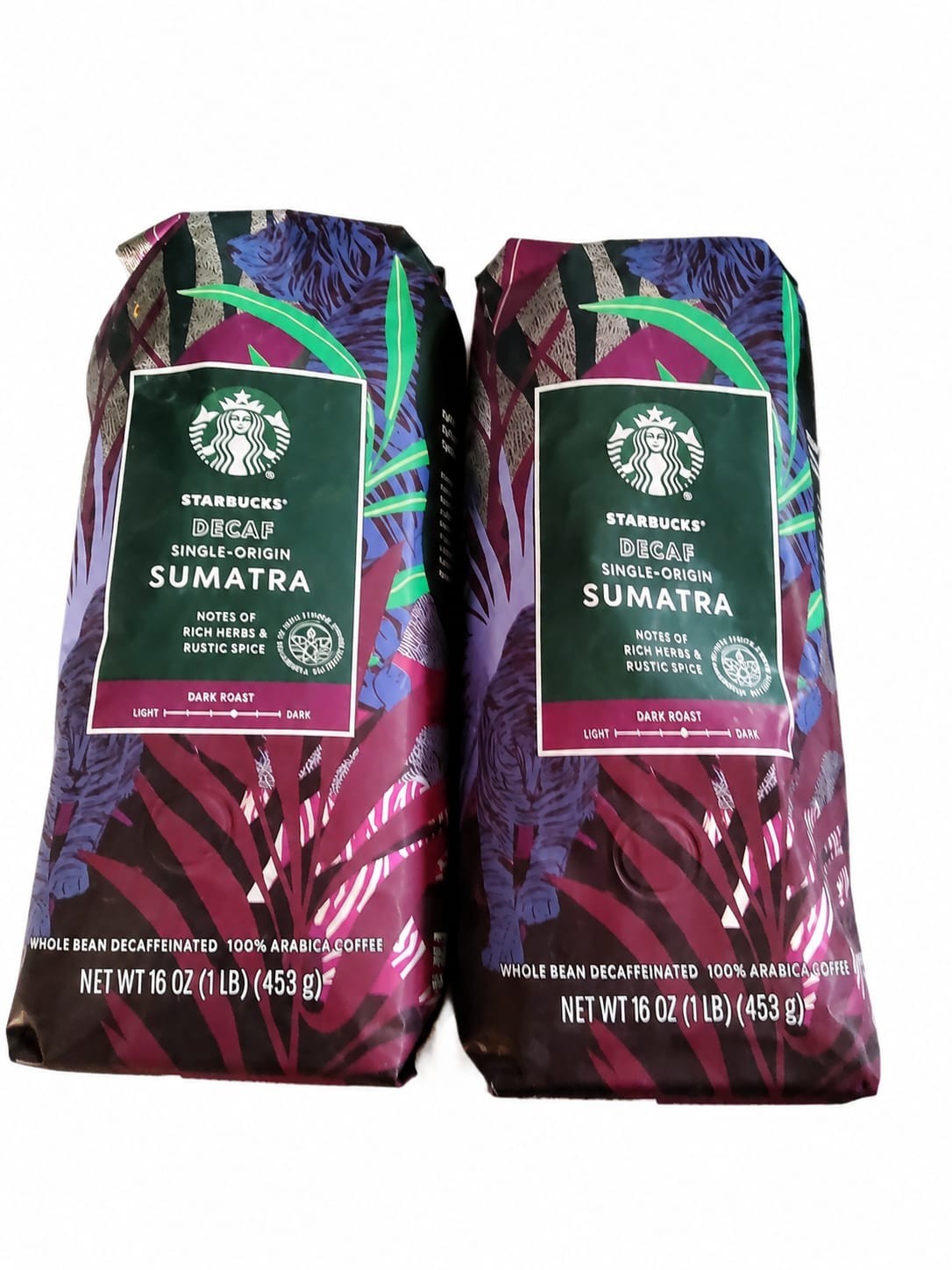 2x 16oz Starbucks DECAF Sumatra Dark Roast Whole Bean Coffee Best By 05/29/26