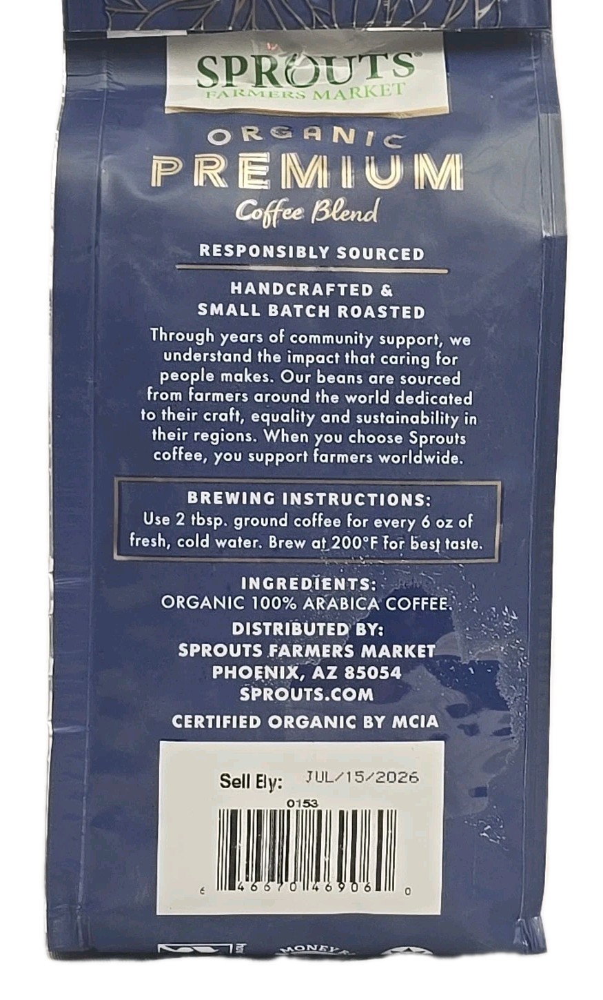 3-PACK Sprouts Organic Premium Coffee Blend Light Roast Whole Bean 10oz BB JUL26