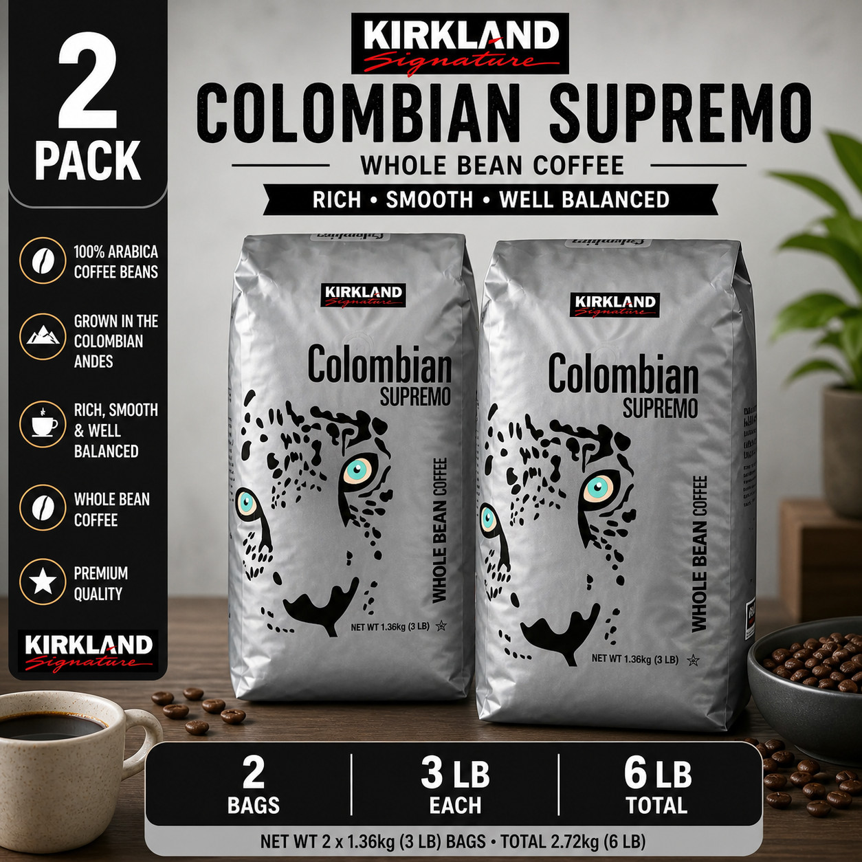2-Pack Kirkland Signature Colombian Supremo Coffee, Whole Bean, 3 lbs
