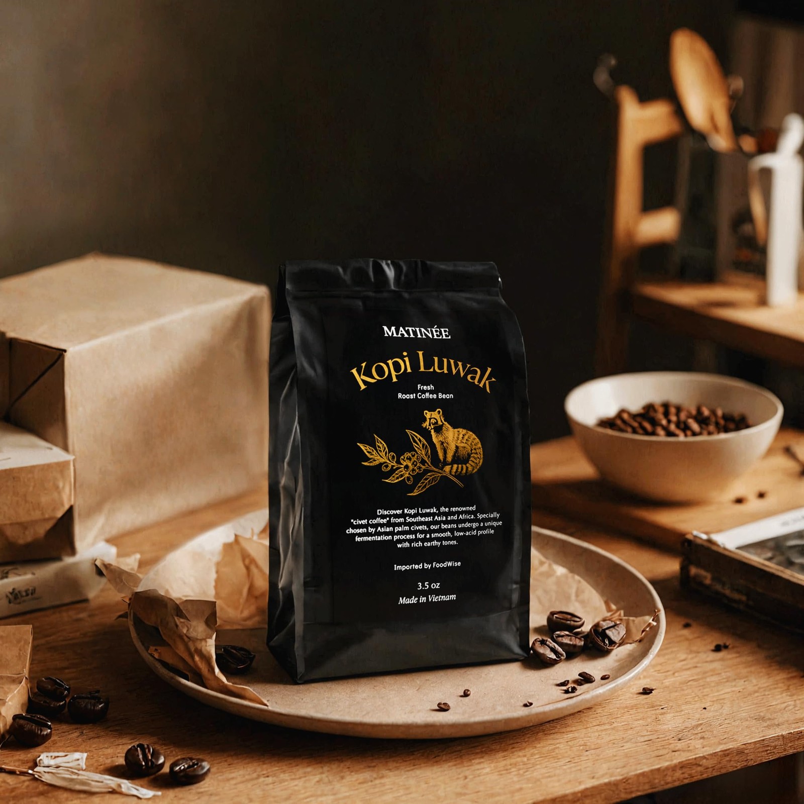Sustainable Wild Kopi Luwak Coffee Beans, Medium Roast, 8.8oz / 250g