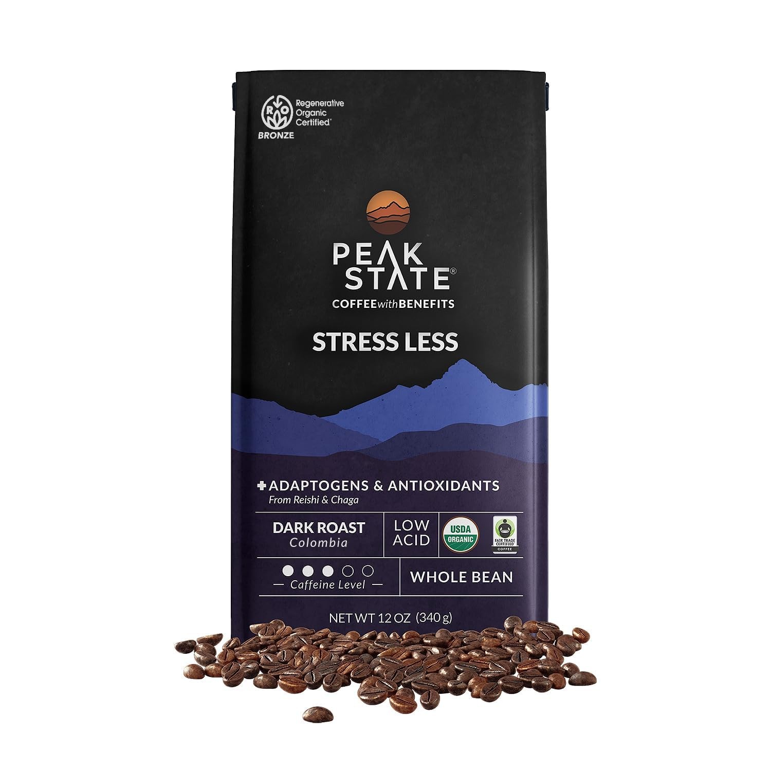 Peak State Coffee with Benefits – Mushroom Coffee Organic Beans – STRESS LESS…