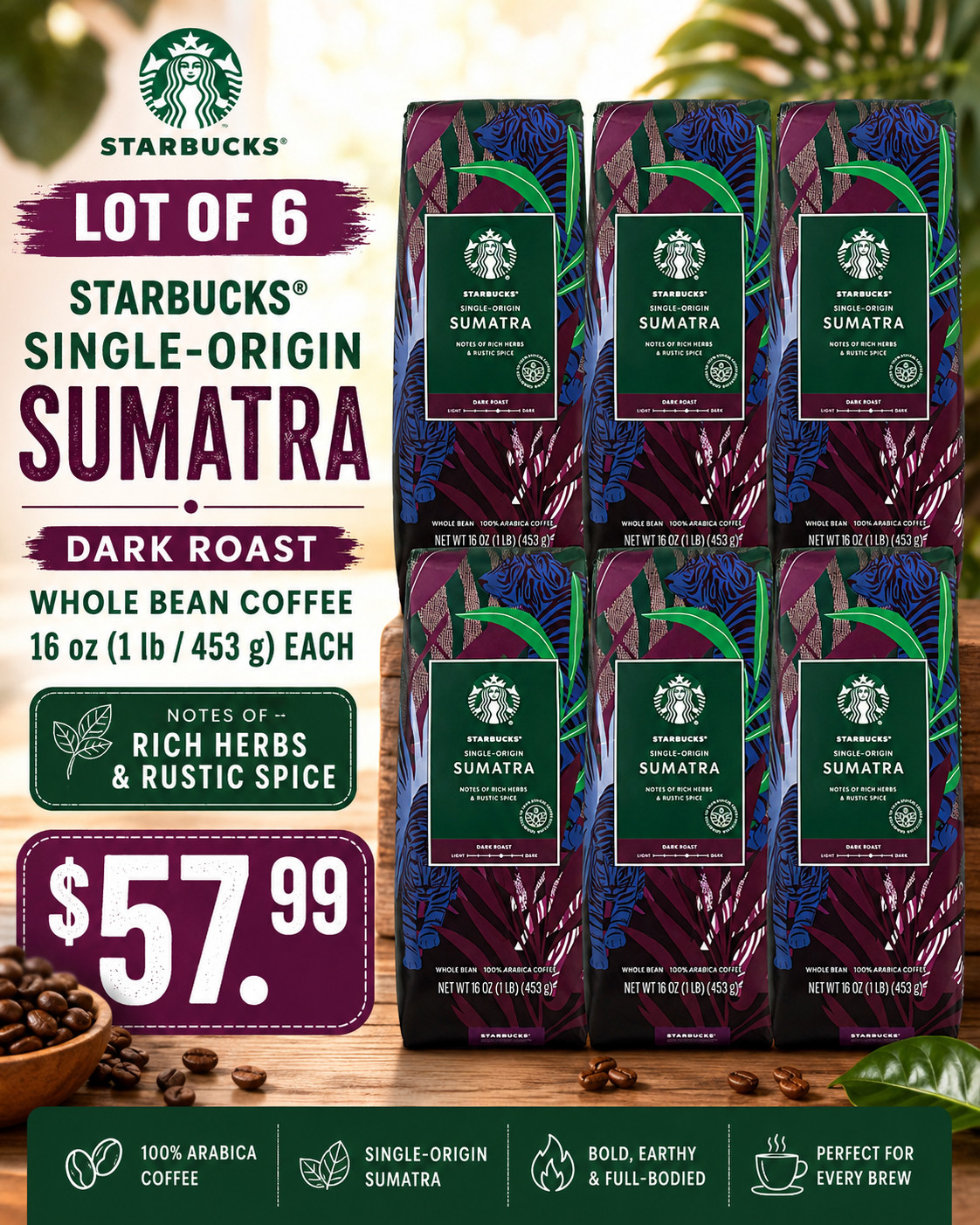 Lot of 6 Starbucks Single Origin Sumatra Whole Bean Coffee 1lb / 16oz / 453g Bag