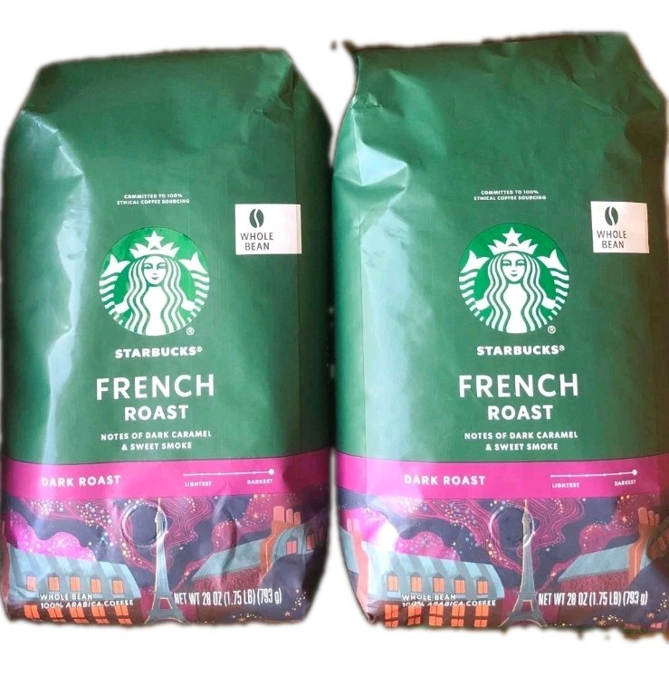 2 STARBUCKS French Roast DARK Roast Whole Bean, 100% Arabica Coffee 28oz Each