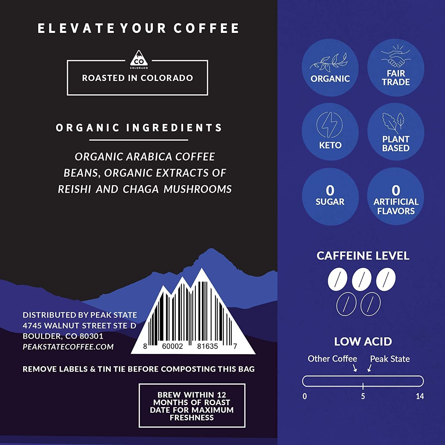 Peak State Coffee with Benefits – Mushroom Coffee Organic Beans – STRESS LESS…