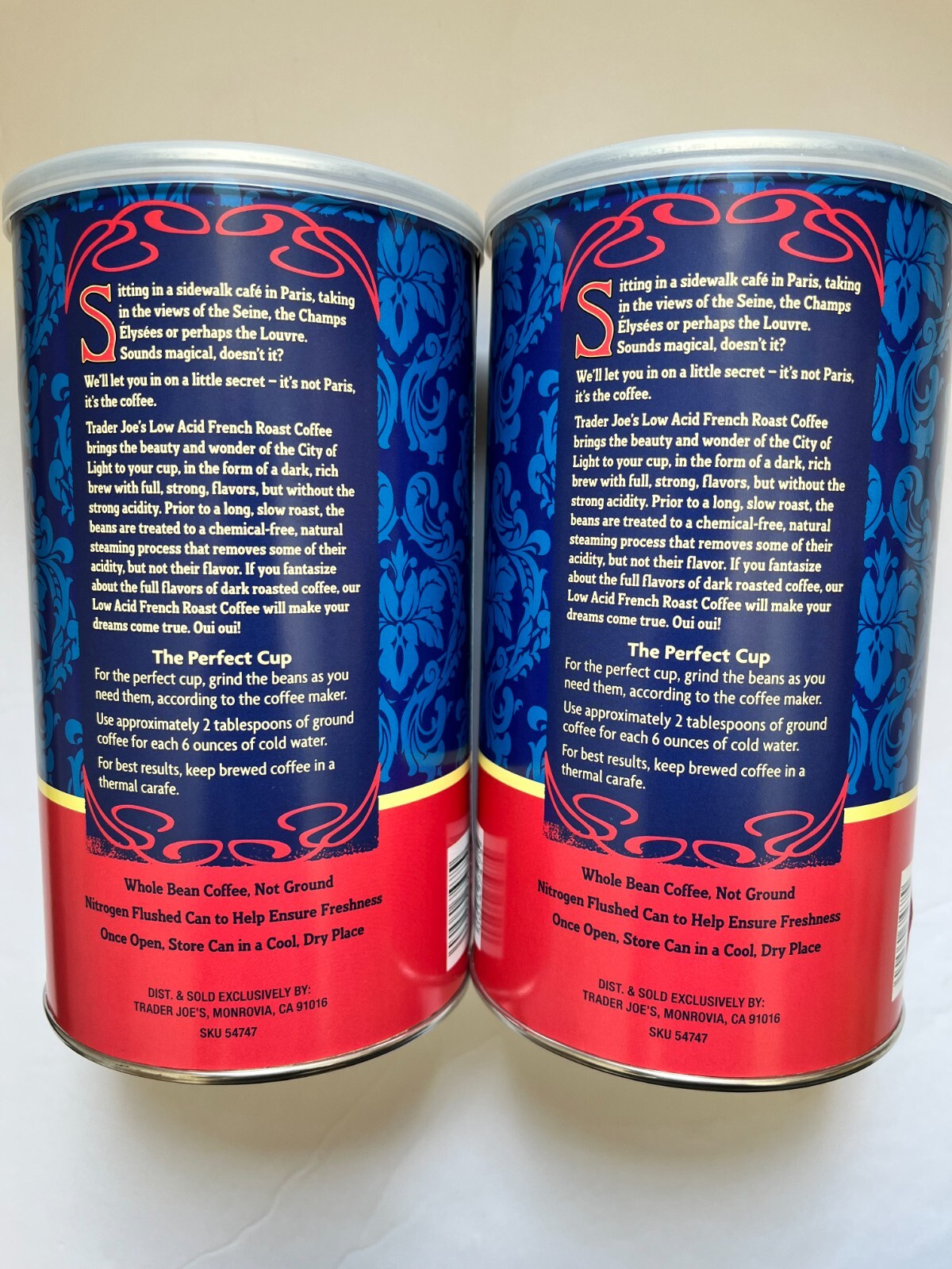 2 Packs Trader Joe’s Low Acid French Roast Whole Bean Coffee 13 OZ Each Pack